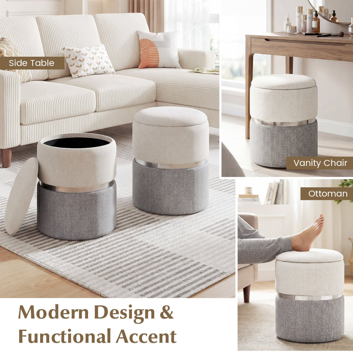 Velvet/Linen Fabric Storage Ottoman Set of 2