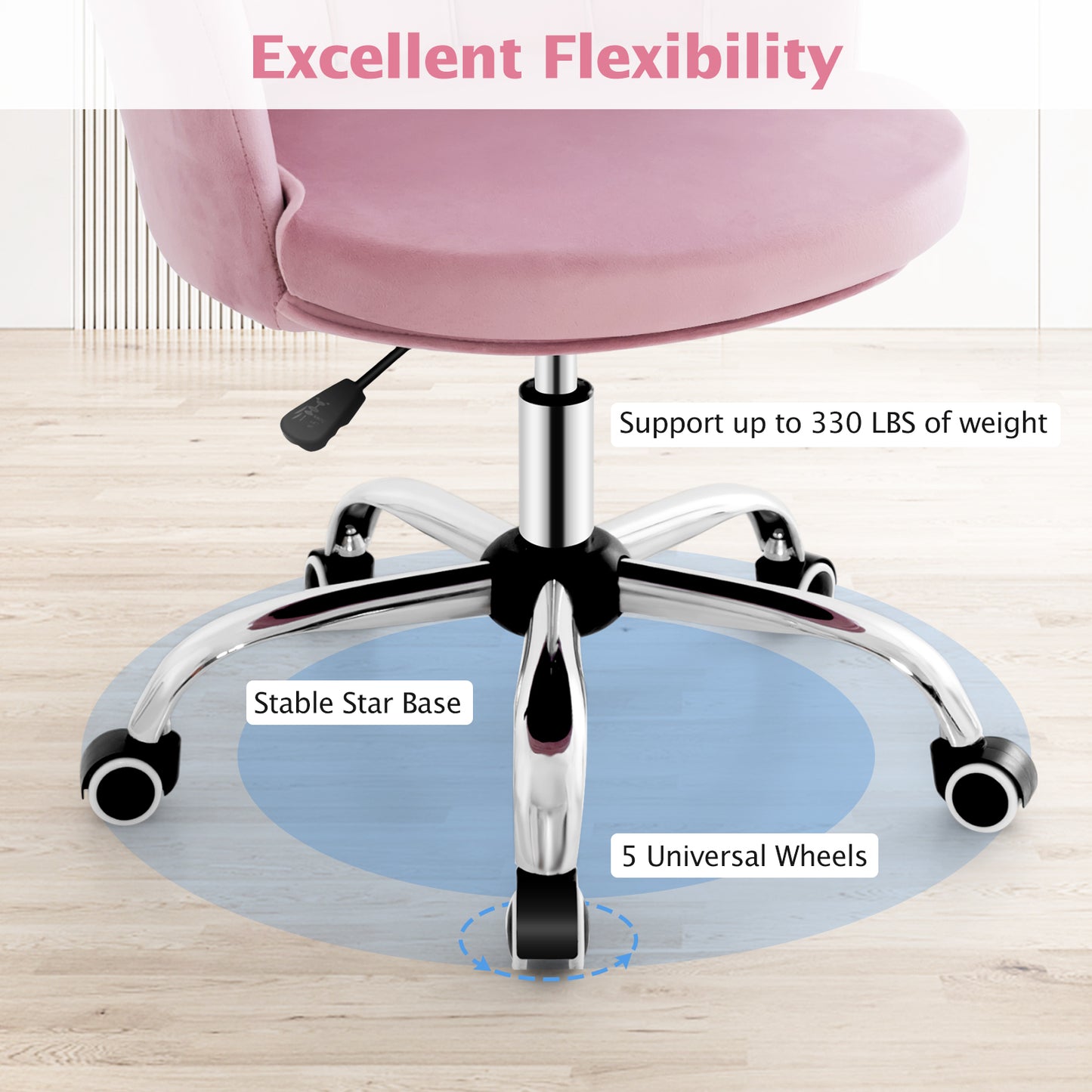 Velvet Vanity Chair with Seashell Back and Wheels - Pink