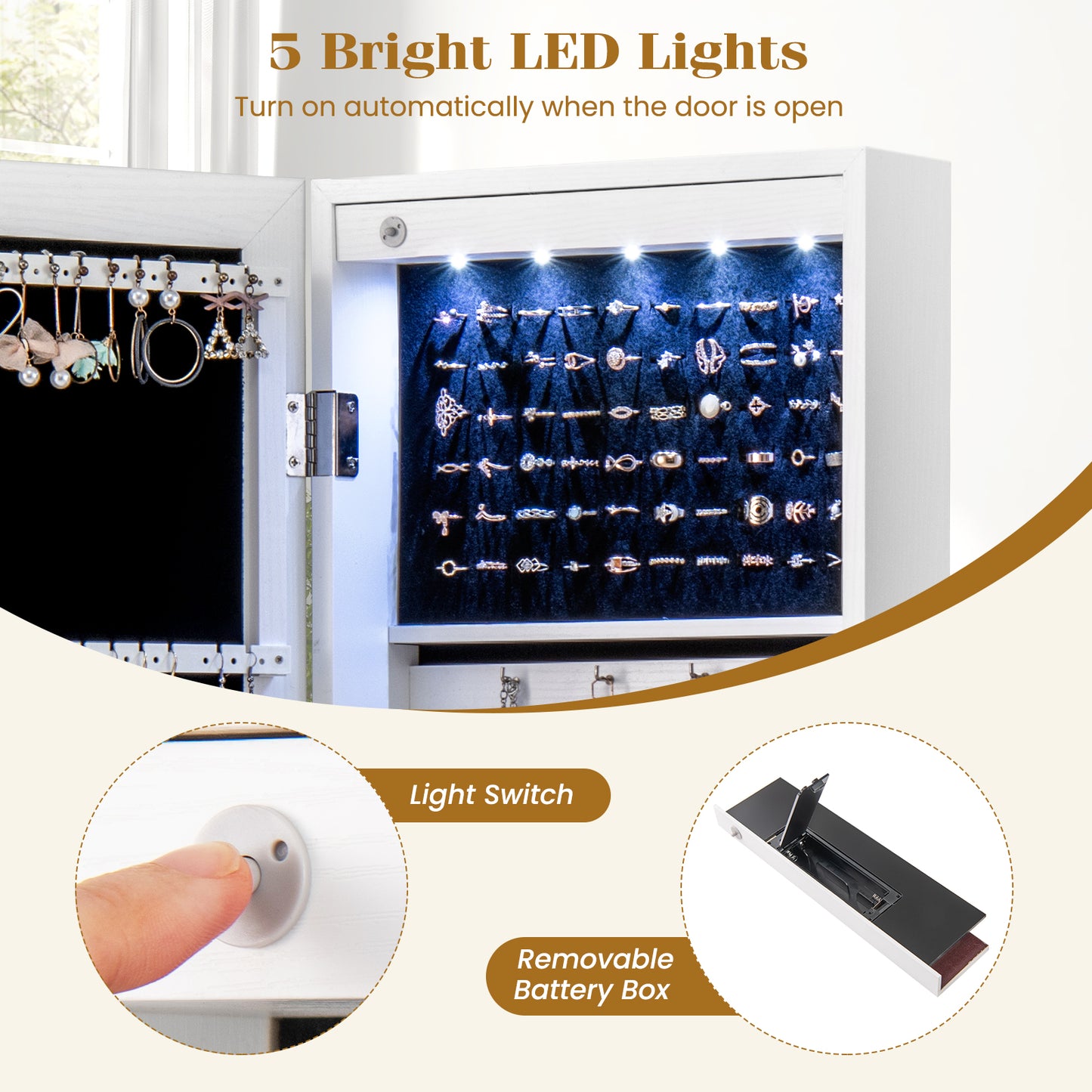 Mirrored Jewelry Cabinet with LED Light - Wall & Door Mount