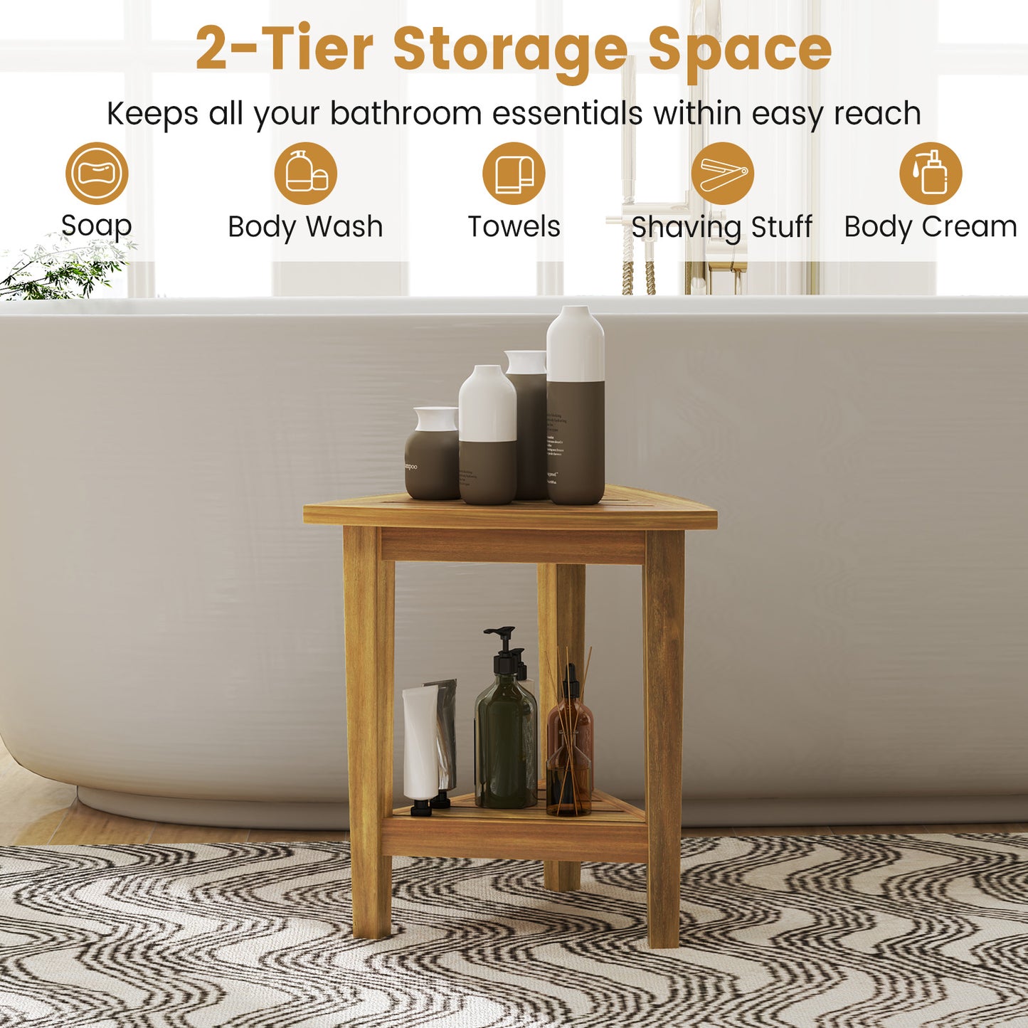 18 Inches Waterproof Shower Stool with Storage Shelf