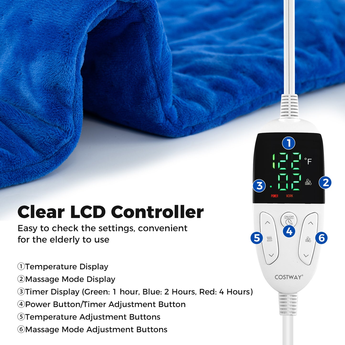 Weighted Heating Pad Electric Heated Pad with 2 Massagers Massaging Vibration-Blue