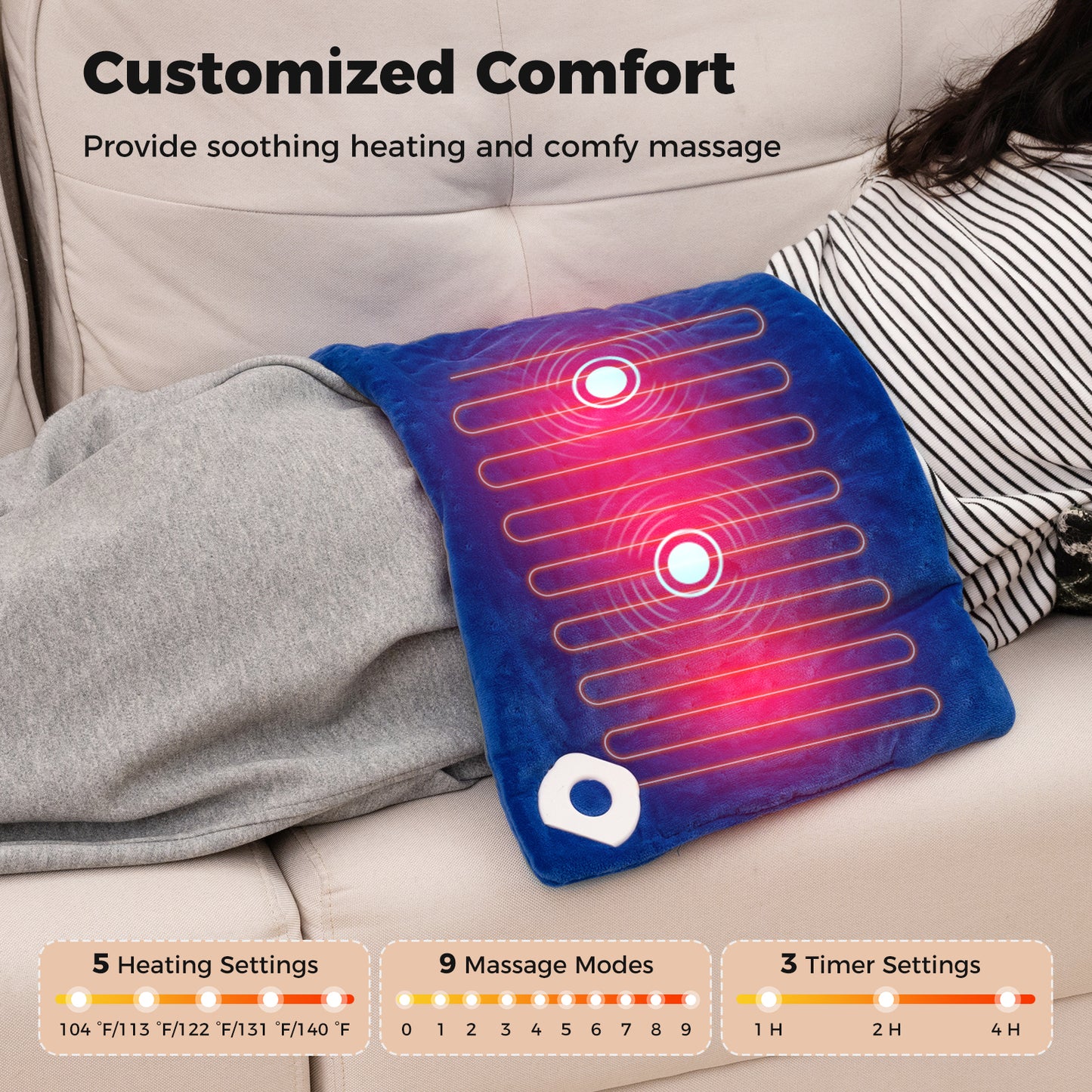 Weighted Heating Pad Electric Heated Pad with 2 Massagers Massaging Vibration-Blue