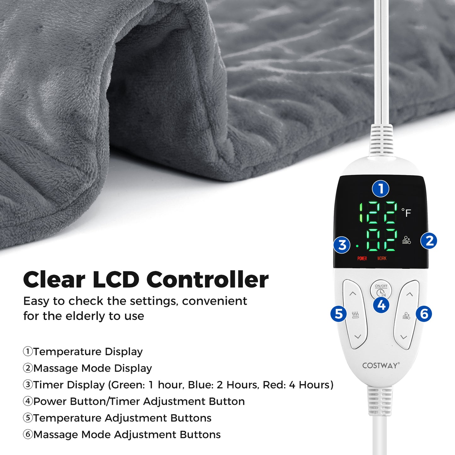 Weighted Heating Pad Electric Heated Pad with 2 Massagers Massaging Vibration-Gray
