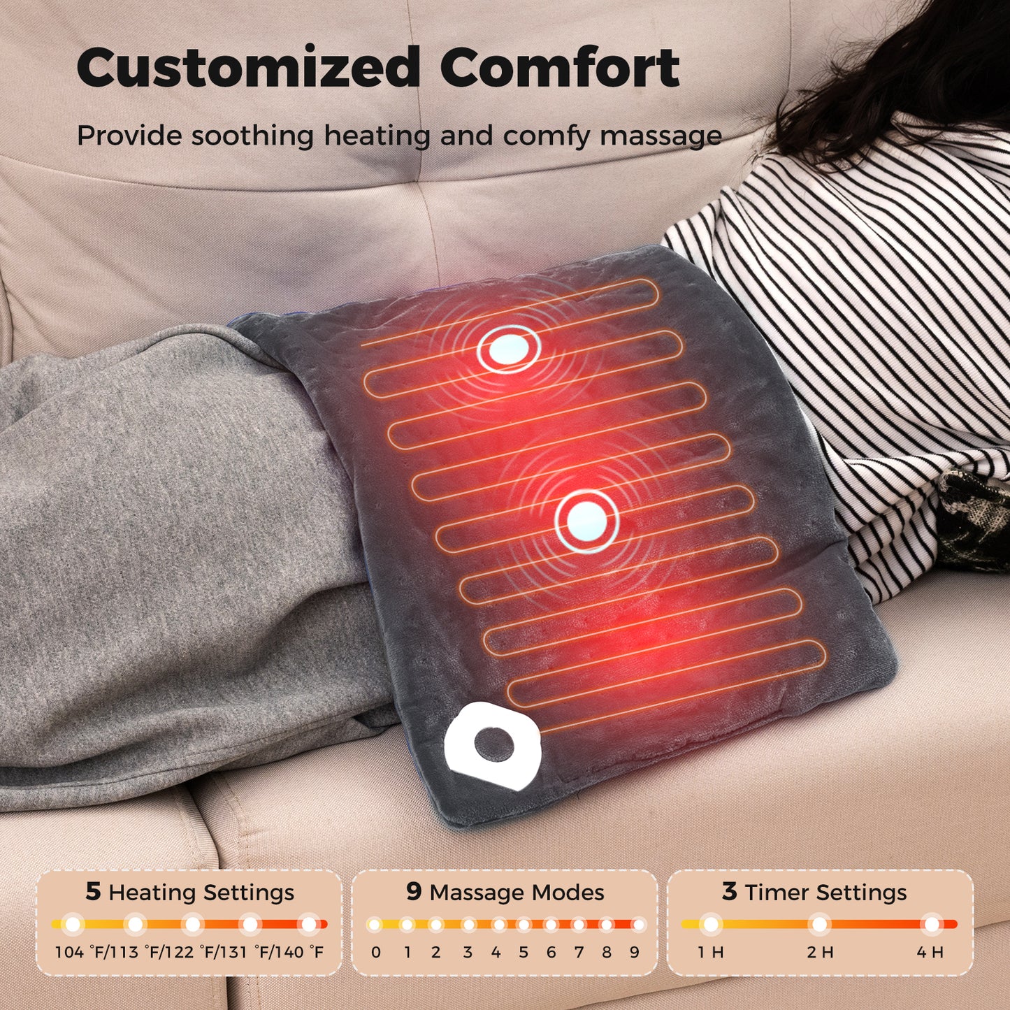 Weighted Heating Pad Electric Heated Pad with 2 Massagers Massaging Vibration-Gray