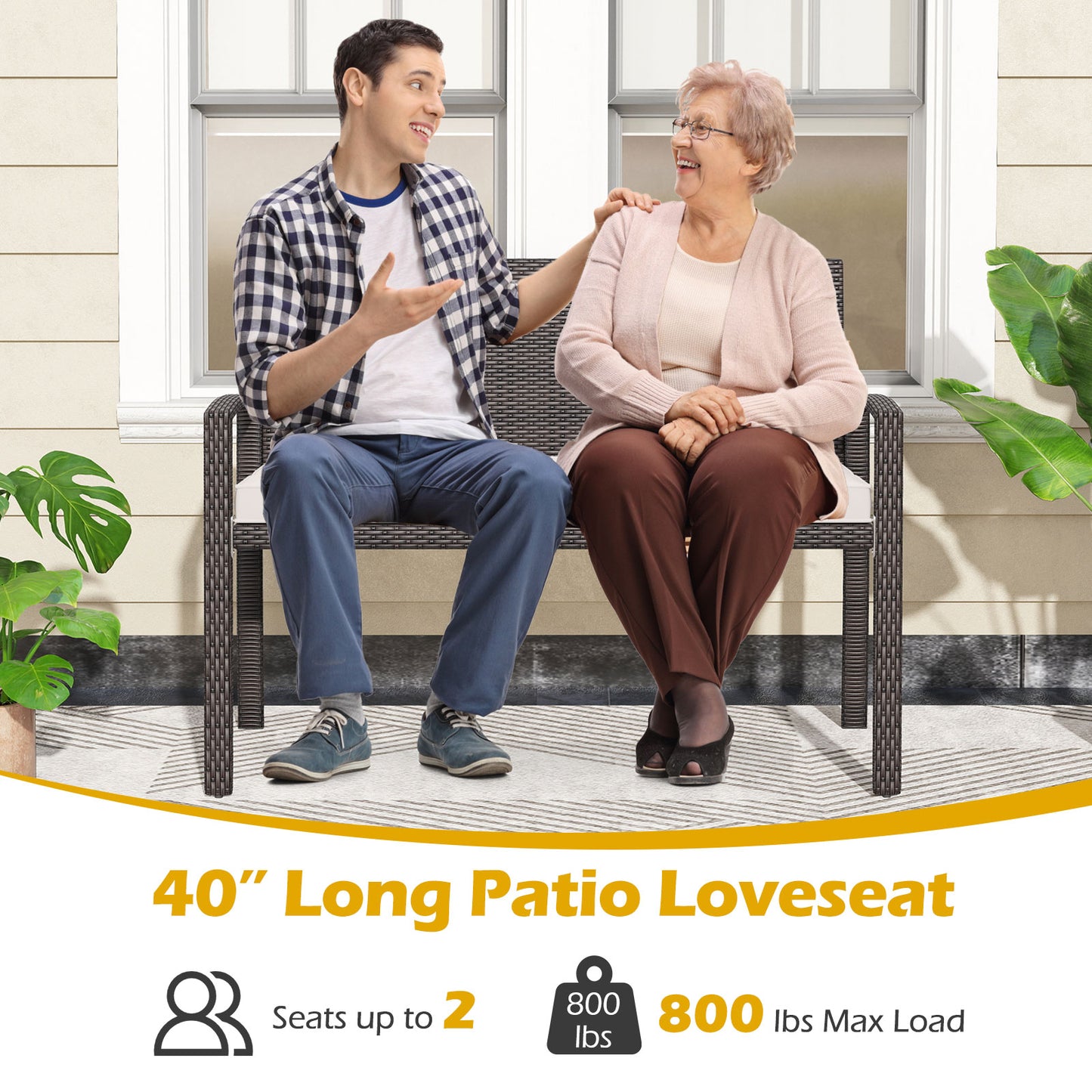 Wicker 2-Seat Outdoor Bench with Cushion and Metal Frame