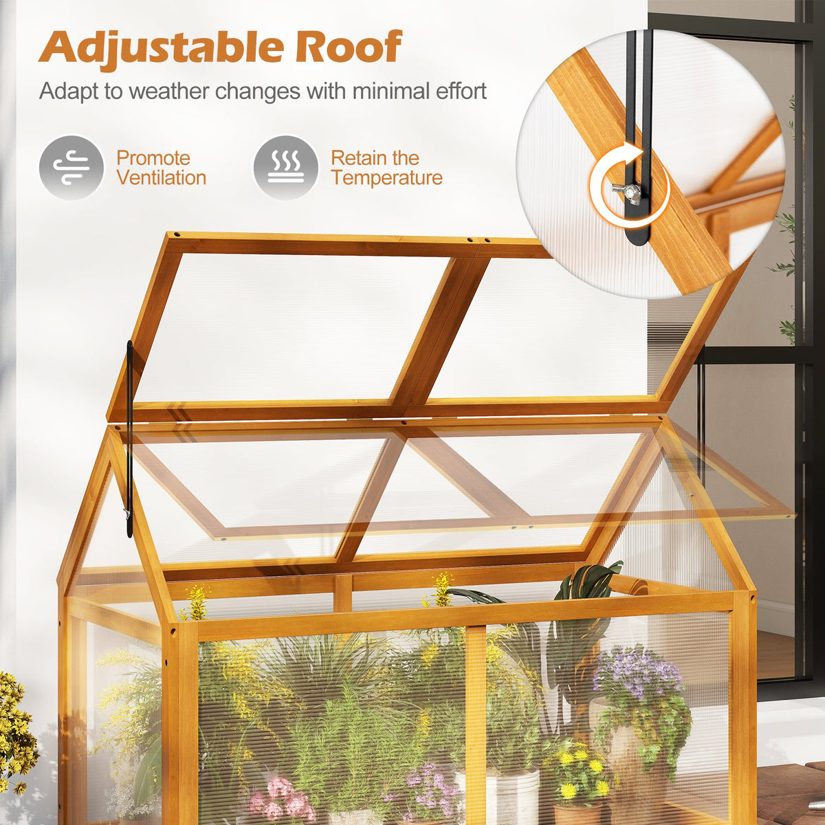 Wood Cold Frame Greenhouse Raised Flower Planter Protection with Adjustable Roof-Orange