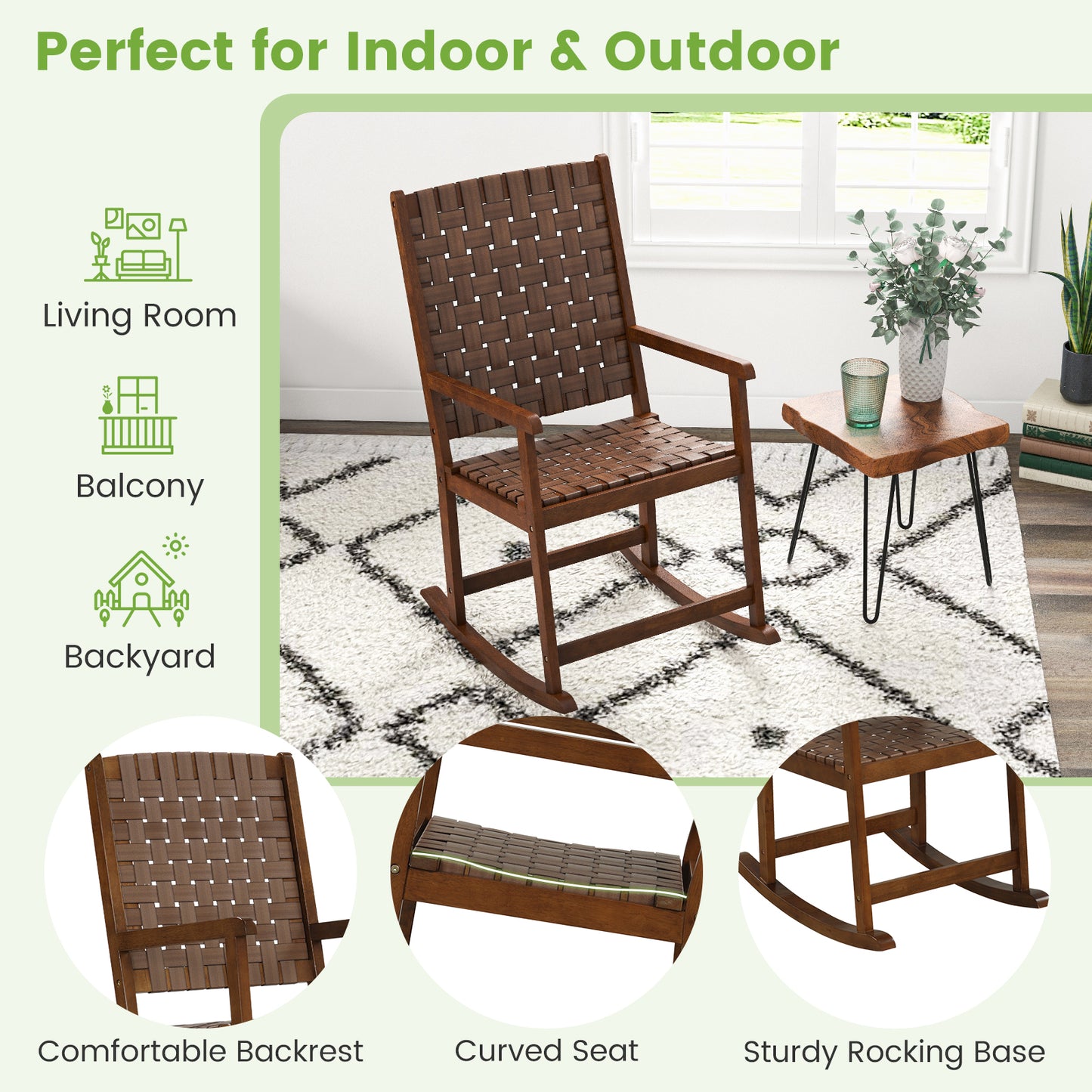 Wood Rocking Chair with PU Leather Seat - Brown