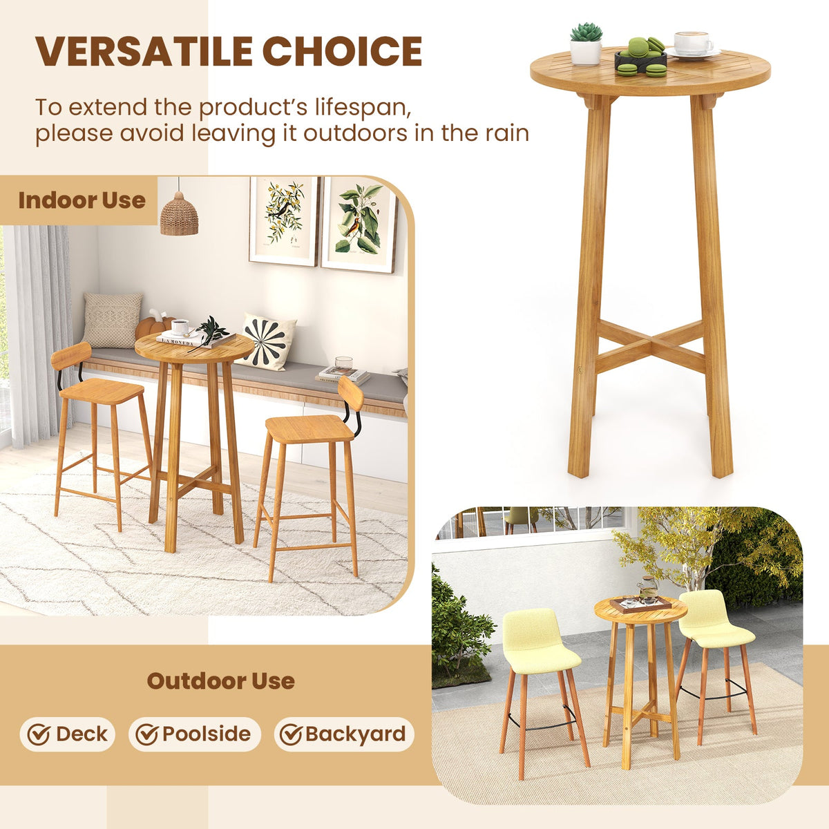 24 Inch Teak Wood Round Bar Table with Footrest for Indoors Outdoors