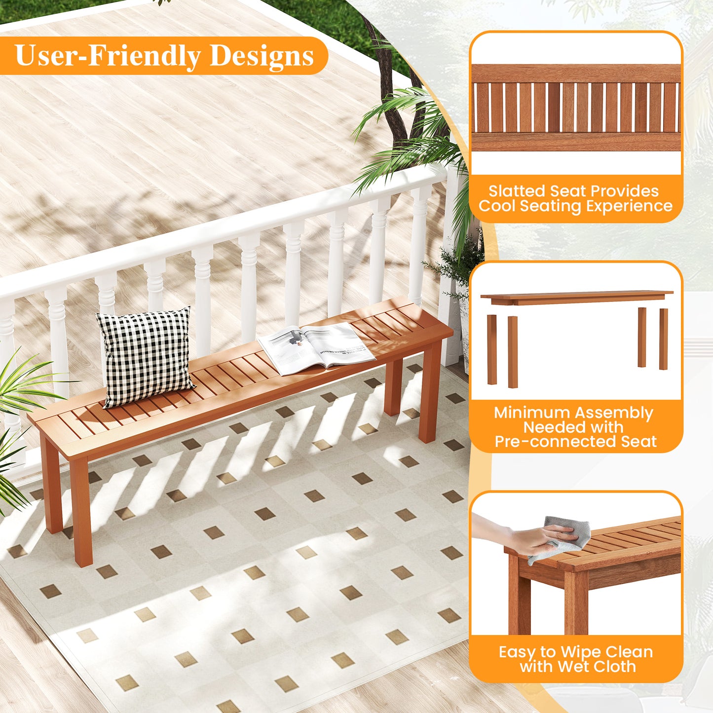 59-Inch Wooden Backless Bench with Teak Oil Finish
