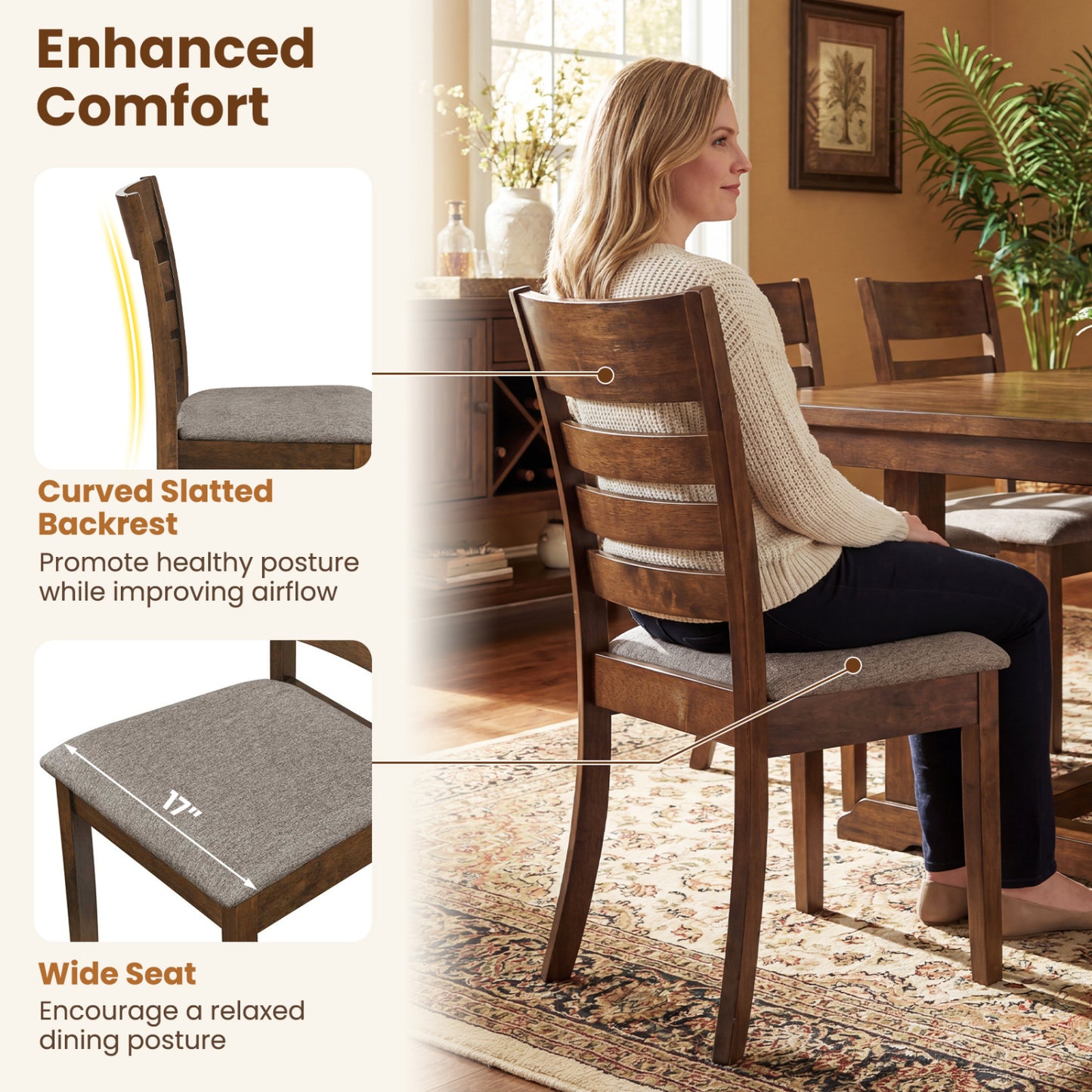 Upholstered Dining Chairs Set of 2 with Rubber Wood Frame
