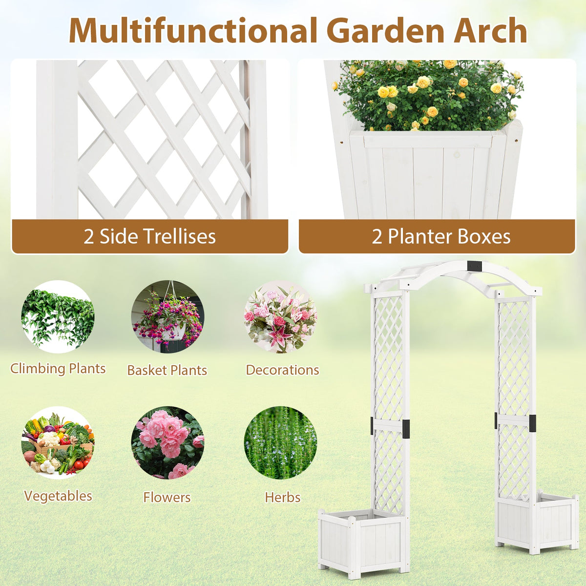 Wooden Garden Arbor with Planter and Trellis for Climbing Plants Decorations