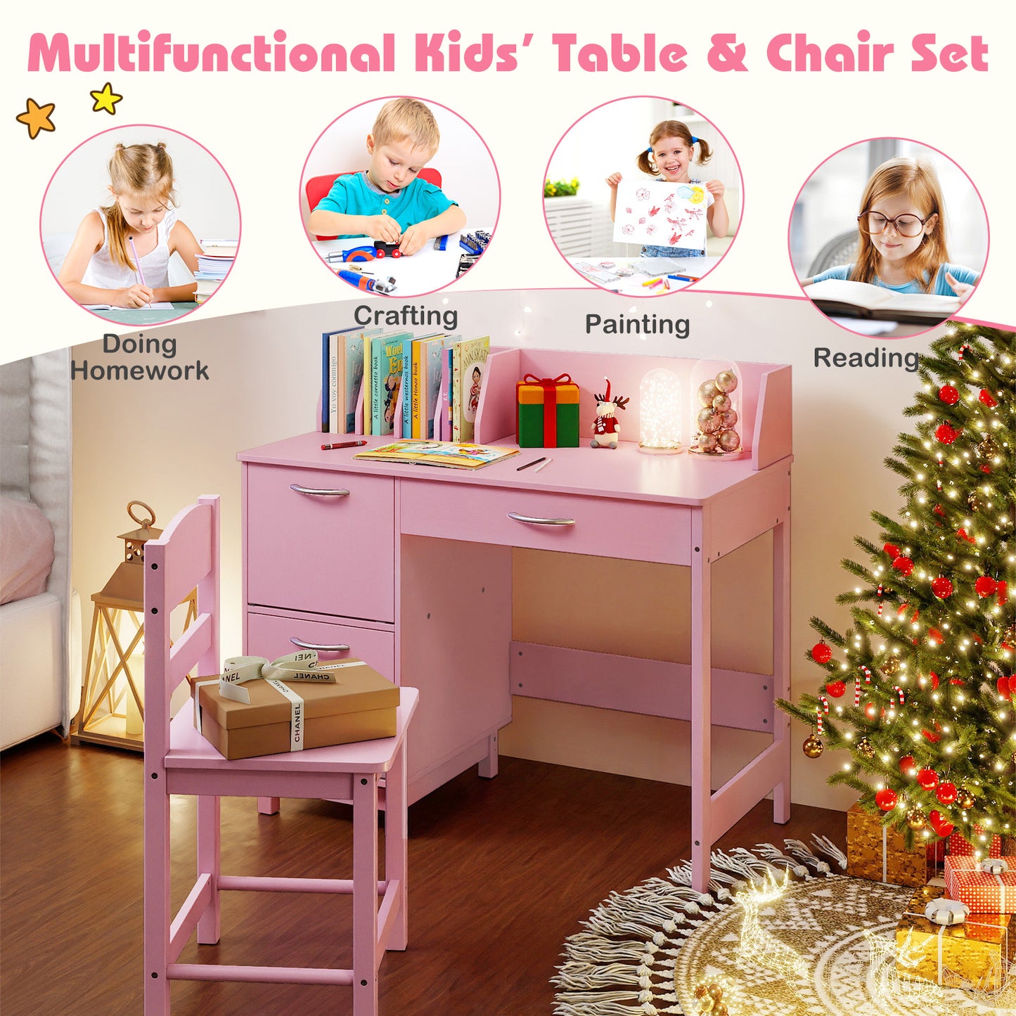 Kids Study Desk and Chair Set with Storage - Solid Wood