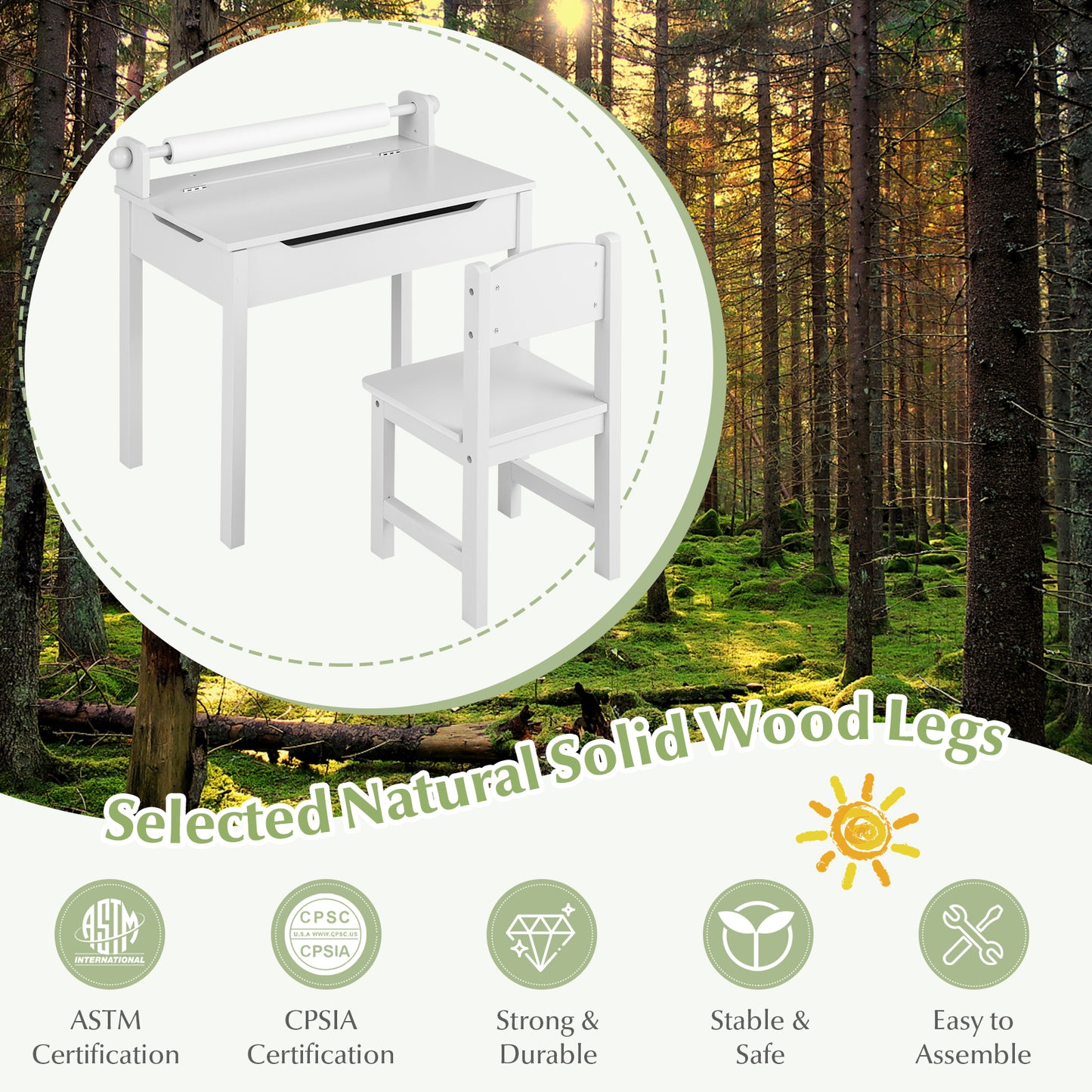 Kids Table and Chair Set with Storage and Paper Roll Holder