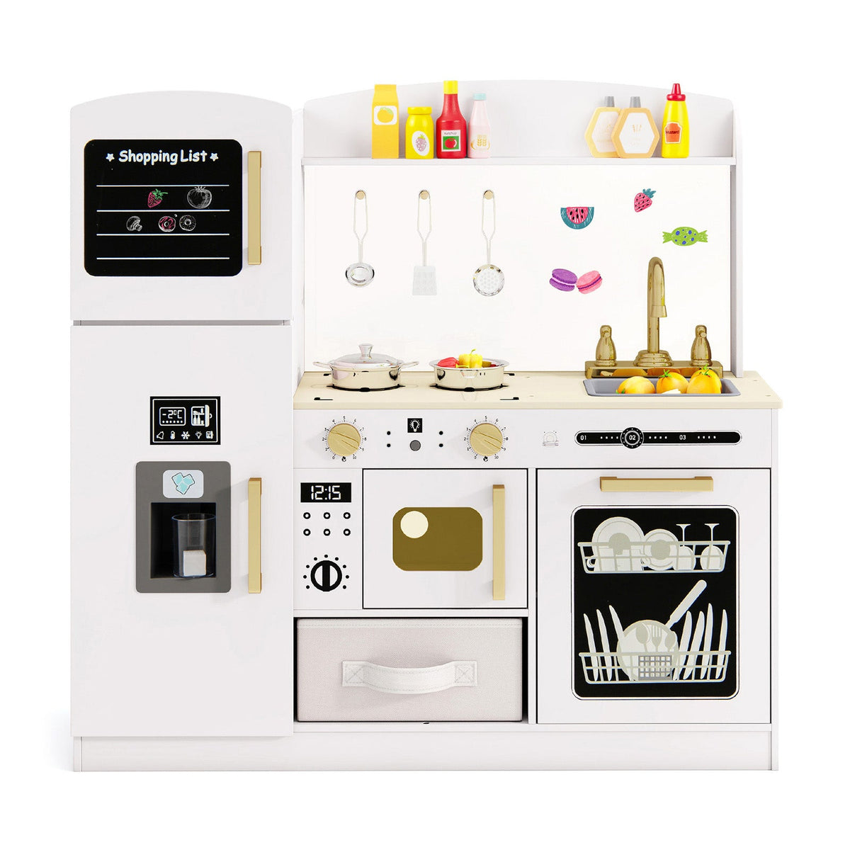 Wooden Kids Kitchen Playset with Chalkboard Ice Maker Sink Lighted Microwave
