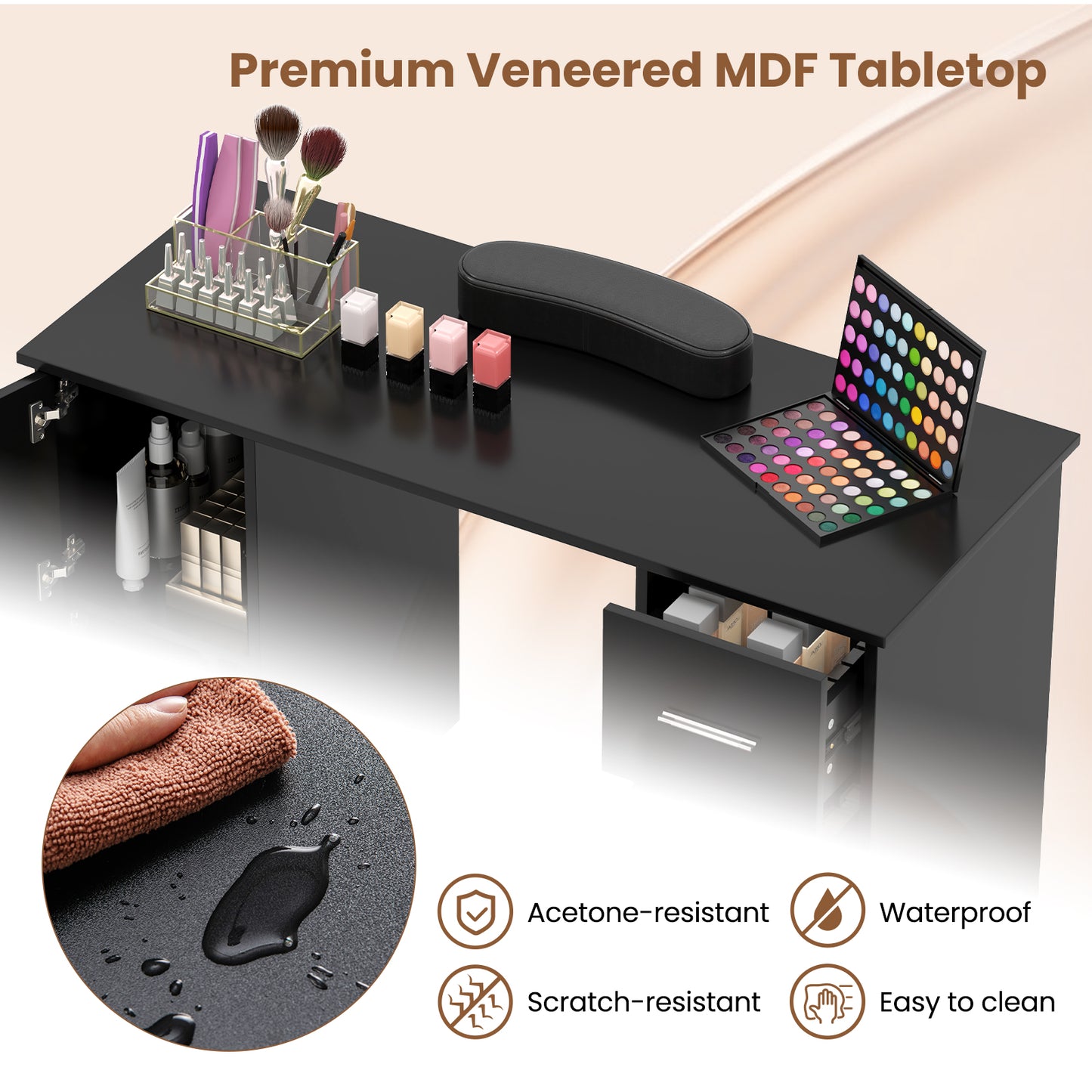 Wooden Manicure Table Nail Desk with Drawers Wrist Rest-Black