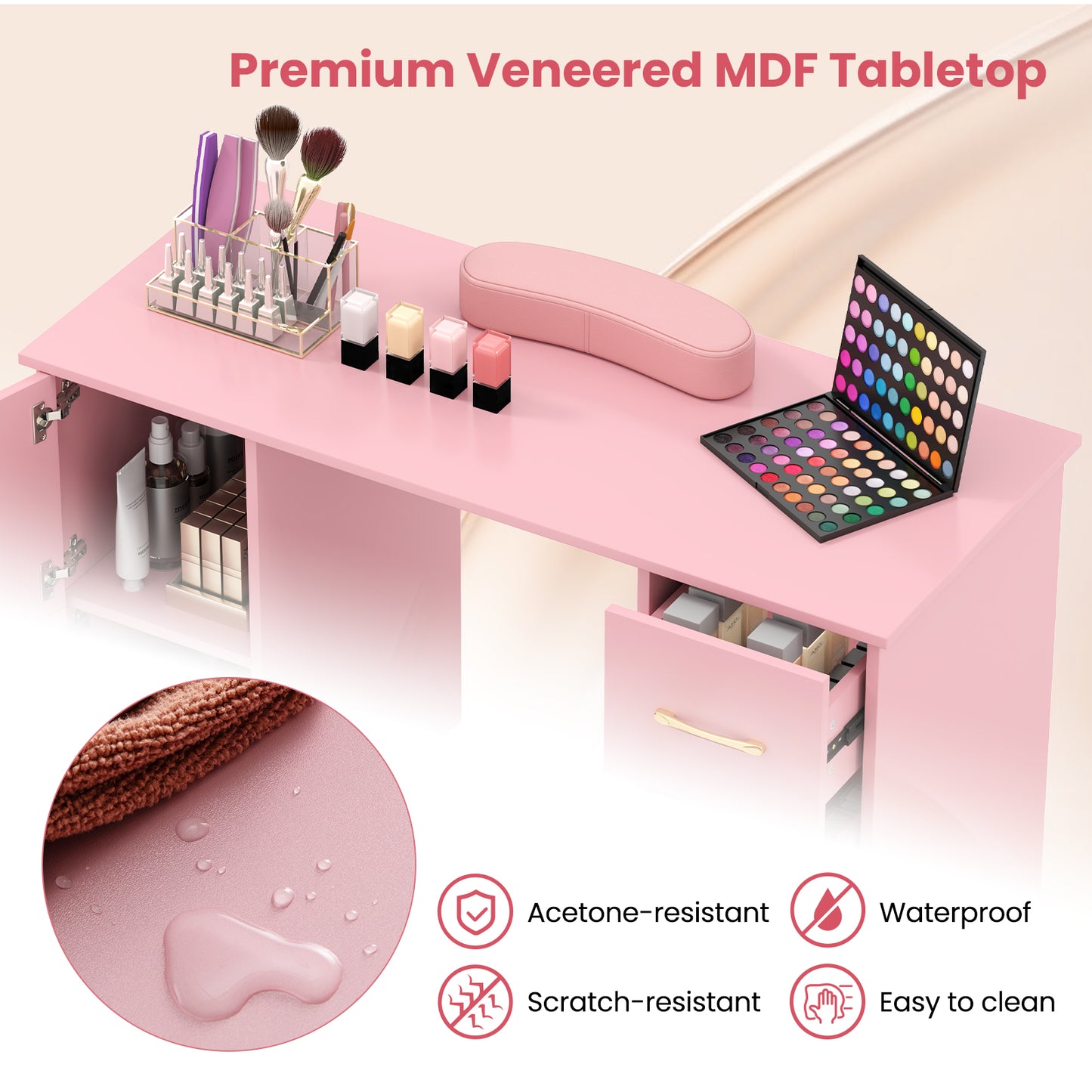 Wooden Manicure Table Nail Desk with Drawers Wrist Rest-Pink