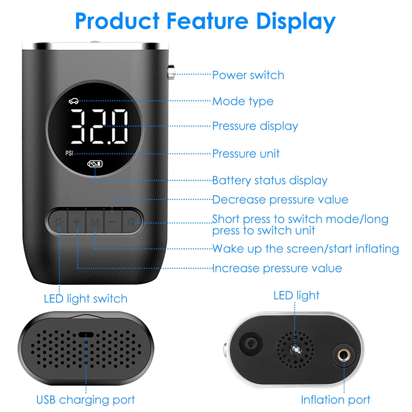 Portable Tire Inflator Pump 150 PSI Wireless with LED Light