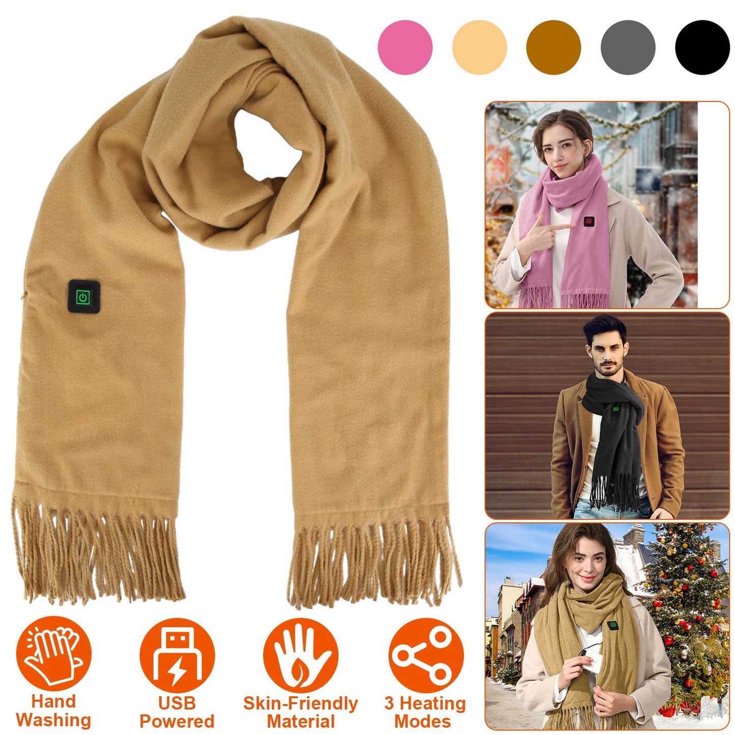 Electric Heated Winter Scarf USB Heating Neck Wrap Unisex Heated Neck Shawl Soft Warm Scarves 3 Heating Modes for Outdoor Cycling Skiing Skating