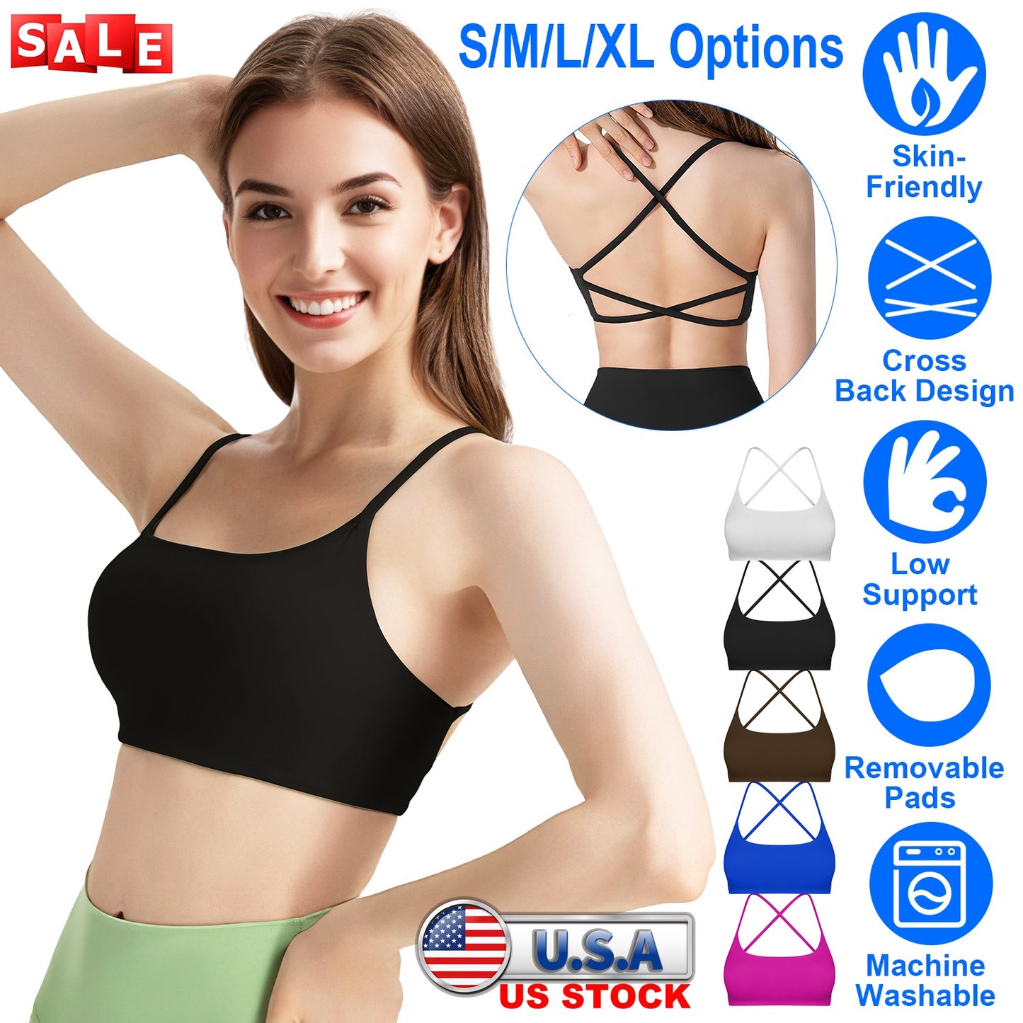 Women Cross Back Sport Bras Padded Strappy Crop Open Back Low Impact Bras Sexy Fitness Tank Tops with Removable Pads Thin Straps for Gym Yoga Workout