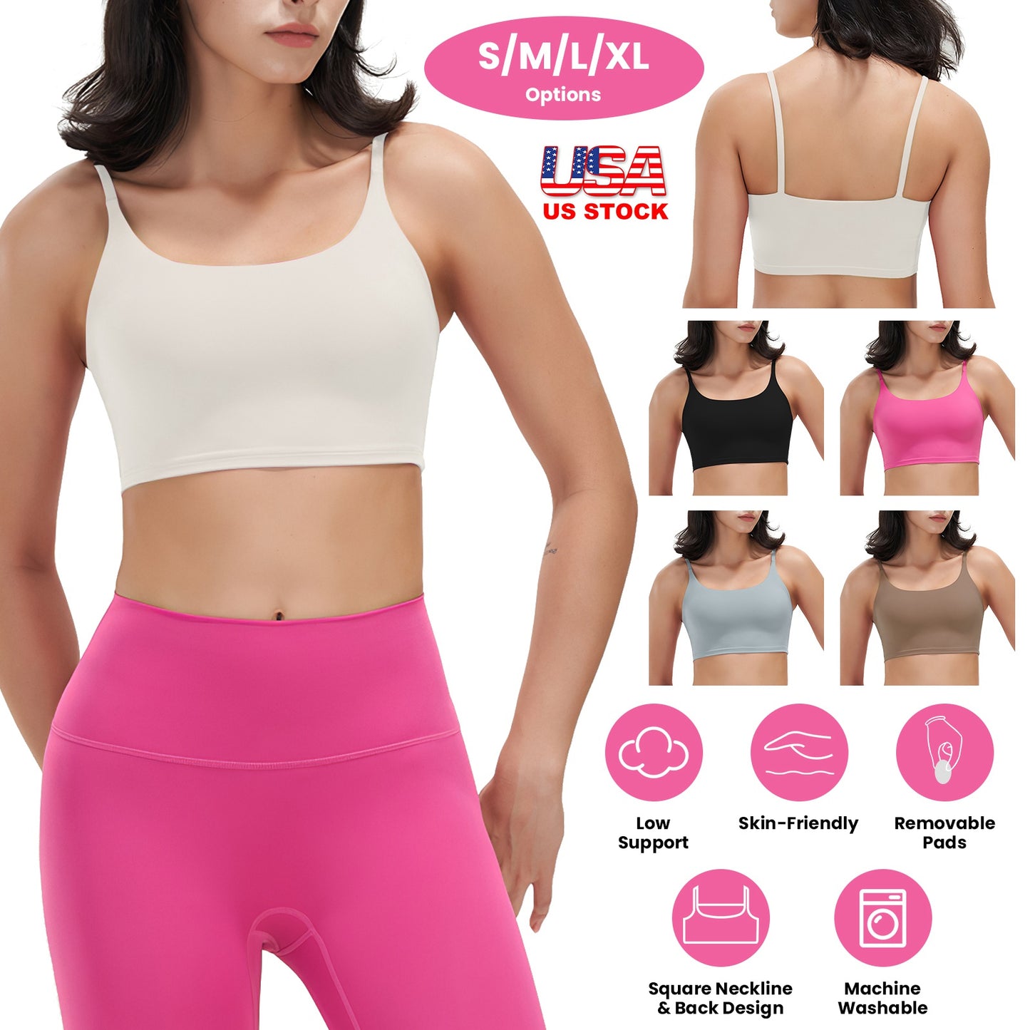 Women Strap Sport Bras Padded Strappy Crop Square Neck Low Impact Bras Sexy Fitness Tank Tops with Removable Pads Flat Straps for Gym Yoga Workout Run