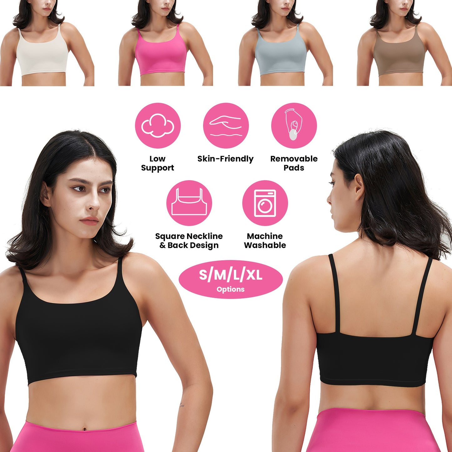 Women Strap Sport Bras Padded Strappy Crop Square Neck Low Impact Bras Sexy Fitness Tank Tops with Removable Pads Flat Straps for Gym Yoga Workout Run