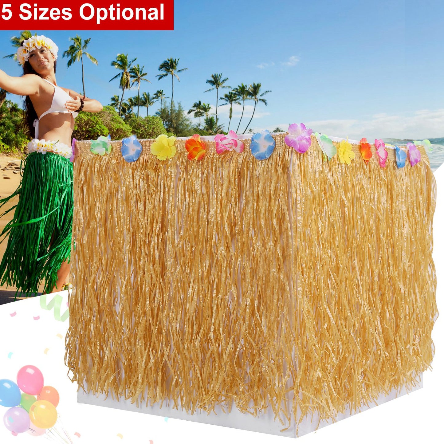 Grass Table Skirt with Hibiscus Flowers for Luau Party
