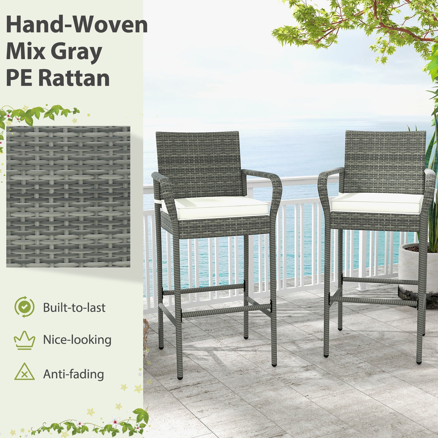 Outdoor Rattan Bar Stools Set of 4 with Cushions