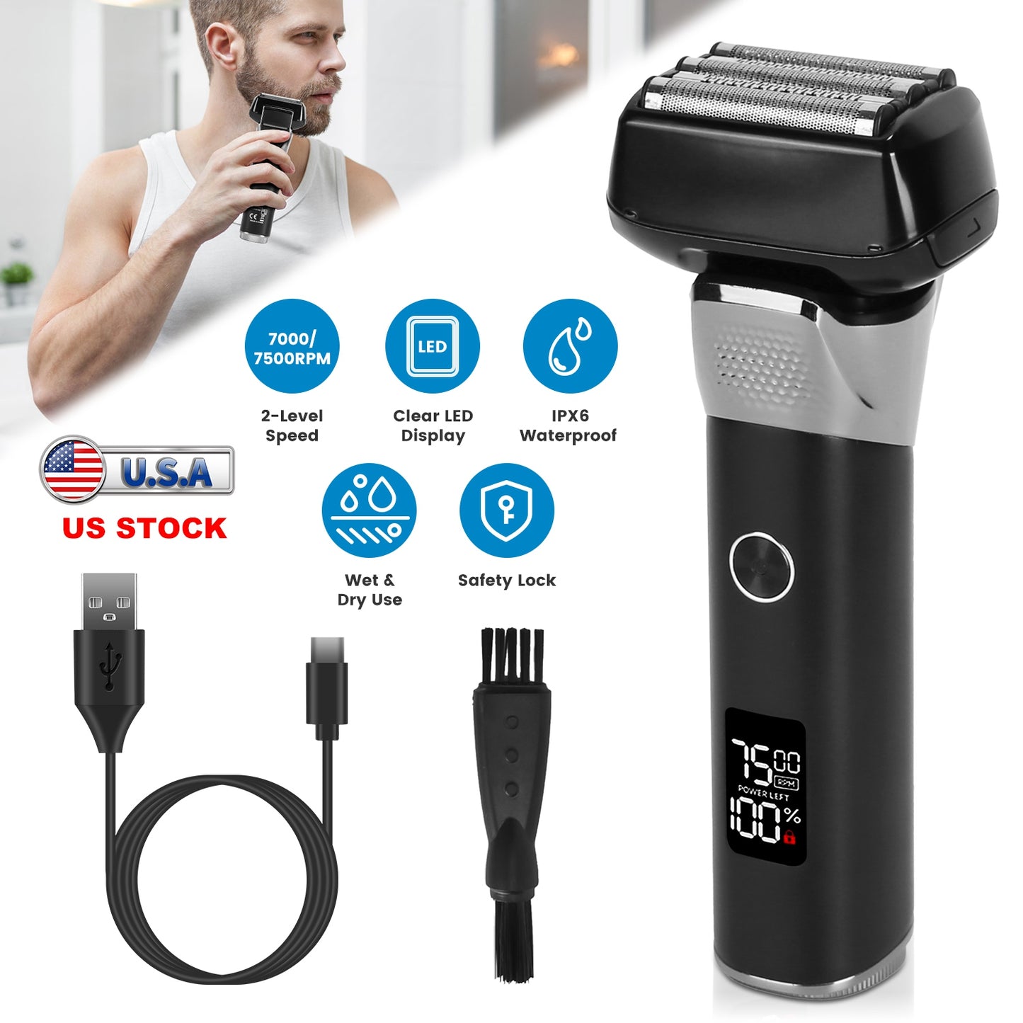 Electric Foil Face Shaver 5-Blade Electric Razor for Men Wet & Dry Jawline Beard Trimmer Precision Sideburn Shavers IPX6 Waterproof with LED Display C