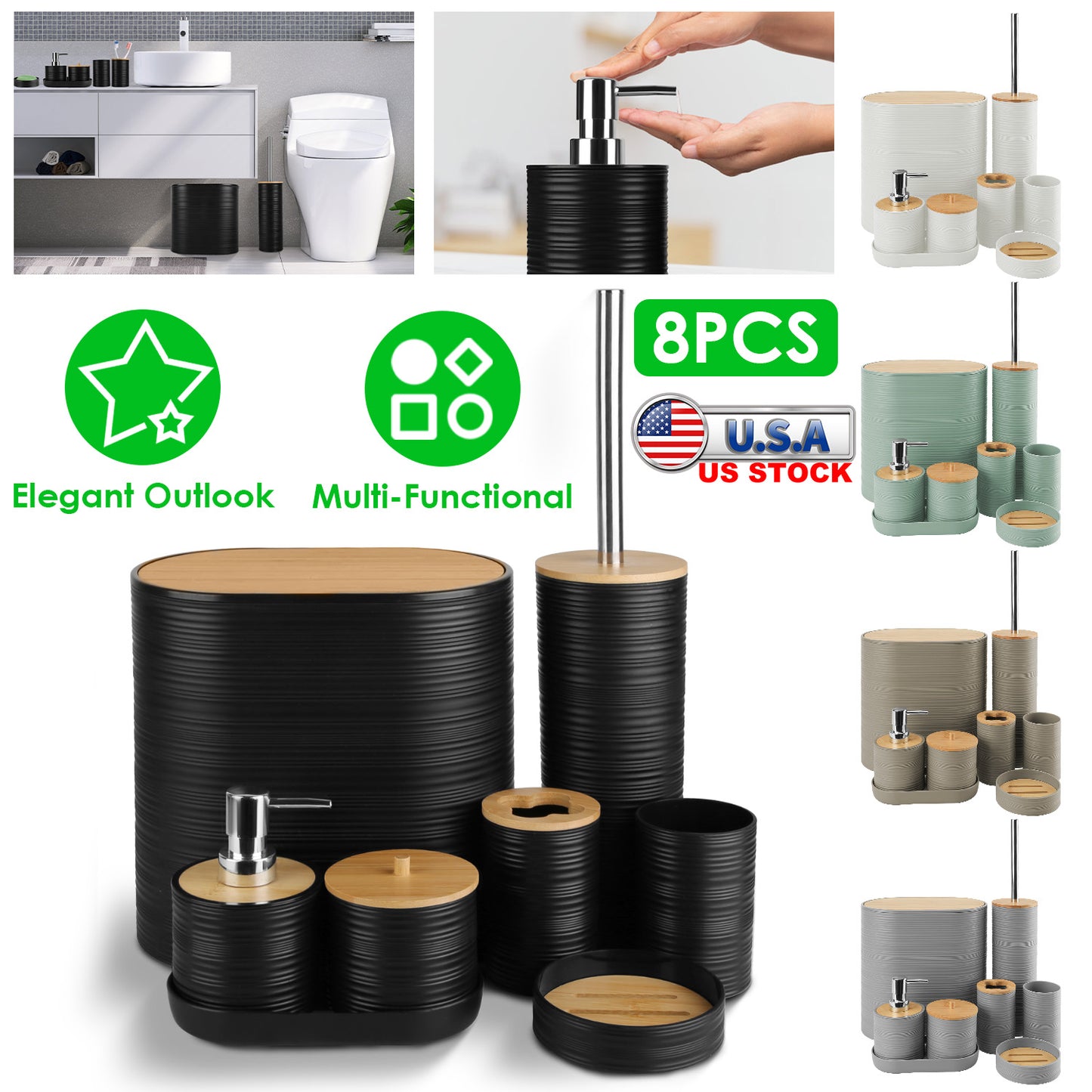 8-Piece Bathroom Accessories Set with Bamboo Accents