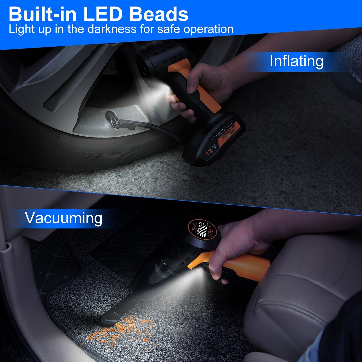 4-in-1 Cordless Car Vacuum Cleaner & Tire Inflator with LED