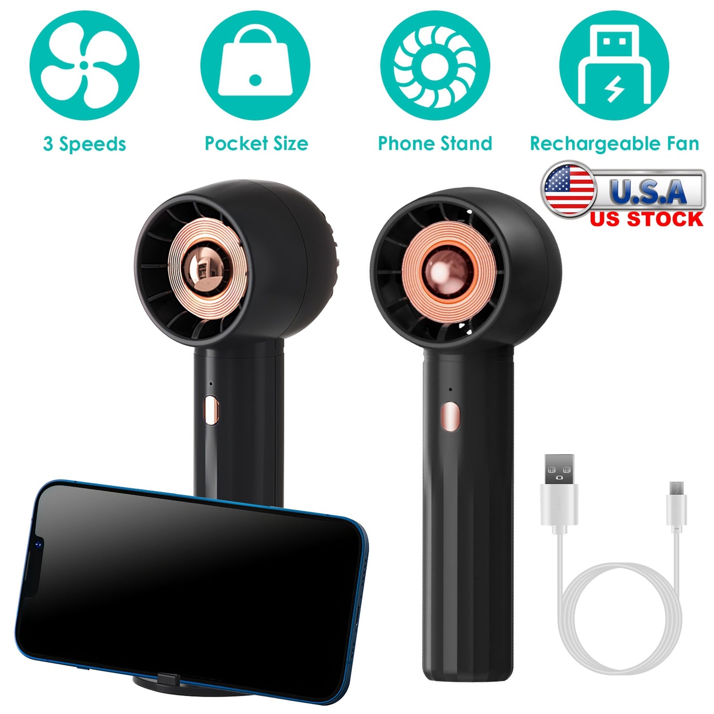 Rechargeable Handheld Fan with 3 Speeds & Phone Holder Base