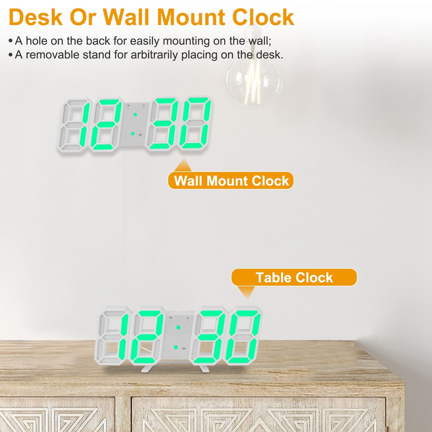 3D LED Digital Wall Clock with Sound Control and Temperature