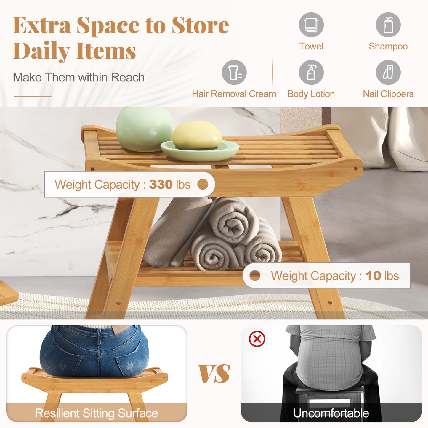Bamboo Shower Seat Bench with Underneath Storage Shelf-Natural