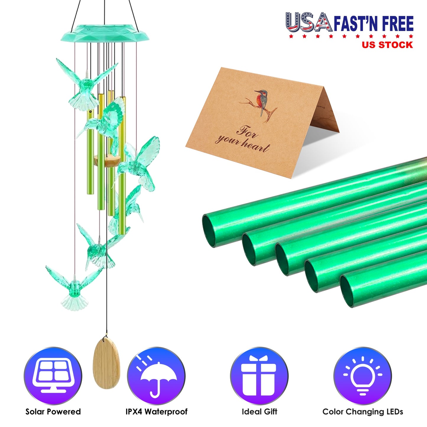 Solar Wind Chime with Color-Changing LED Lights & Aluminum Tubes
