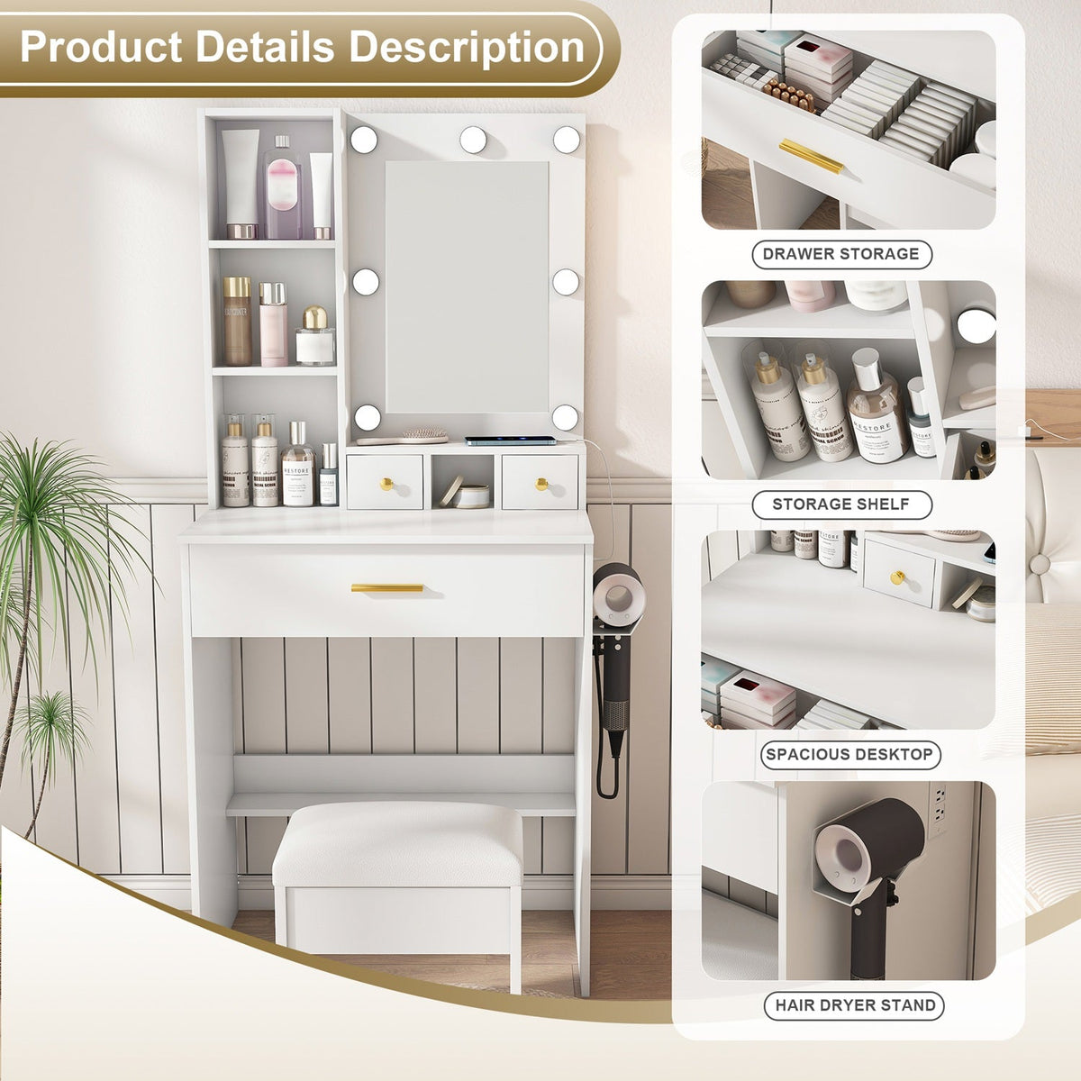 Vanity Desk Set with LED Lighted Mirror & Padded Stool