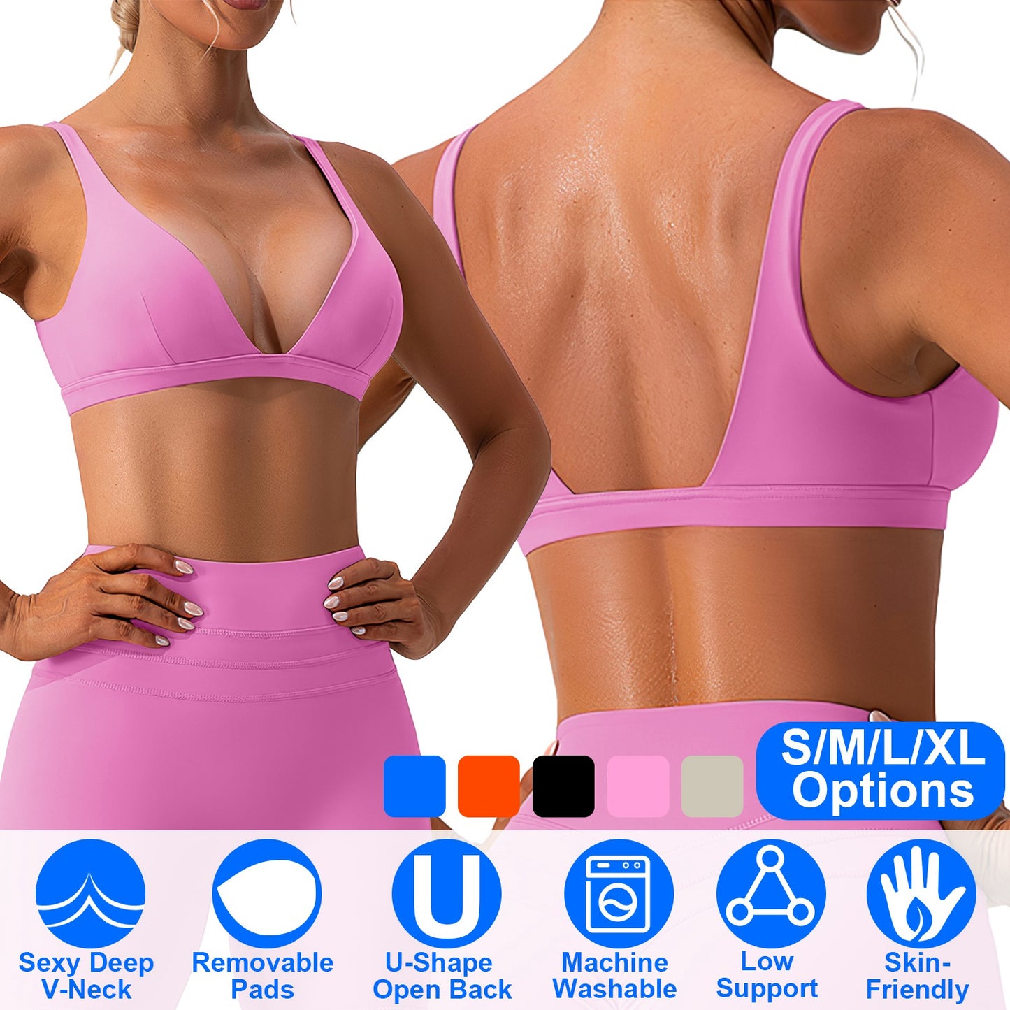 Women Deep V-Neck Sports Bras U-Shaped Back Sport Bras Padded Strappy Crop Open Back Low Impact Bras Sexy Fitness Tank Tops with Removable Pads for Gy