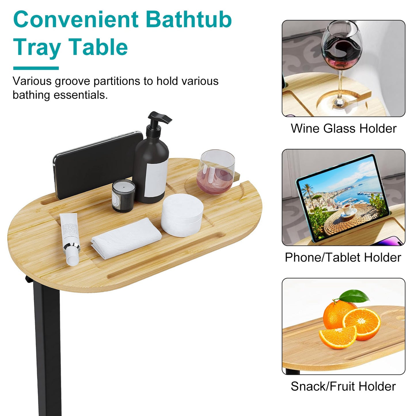 Adjustable C-Shaped Bathtub Tray Table with 360° Rotation