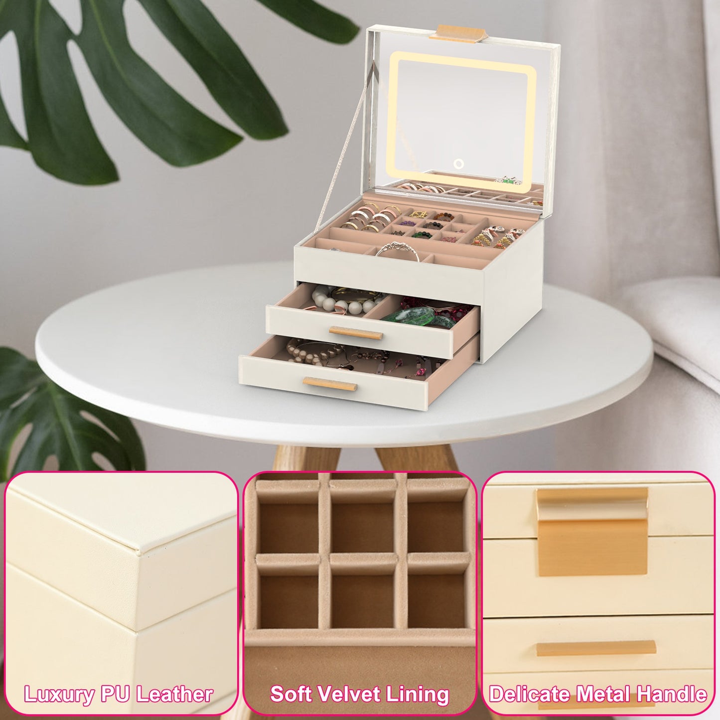 LED Mirror Jewelry Box with 2 Drawers