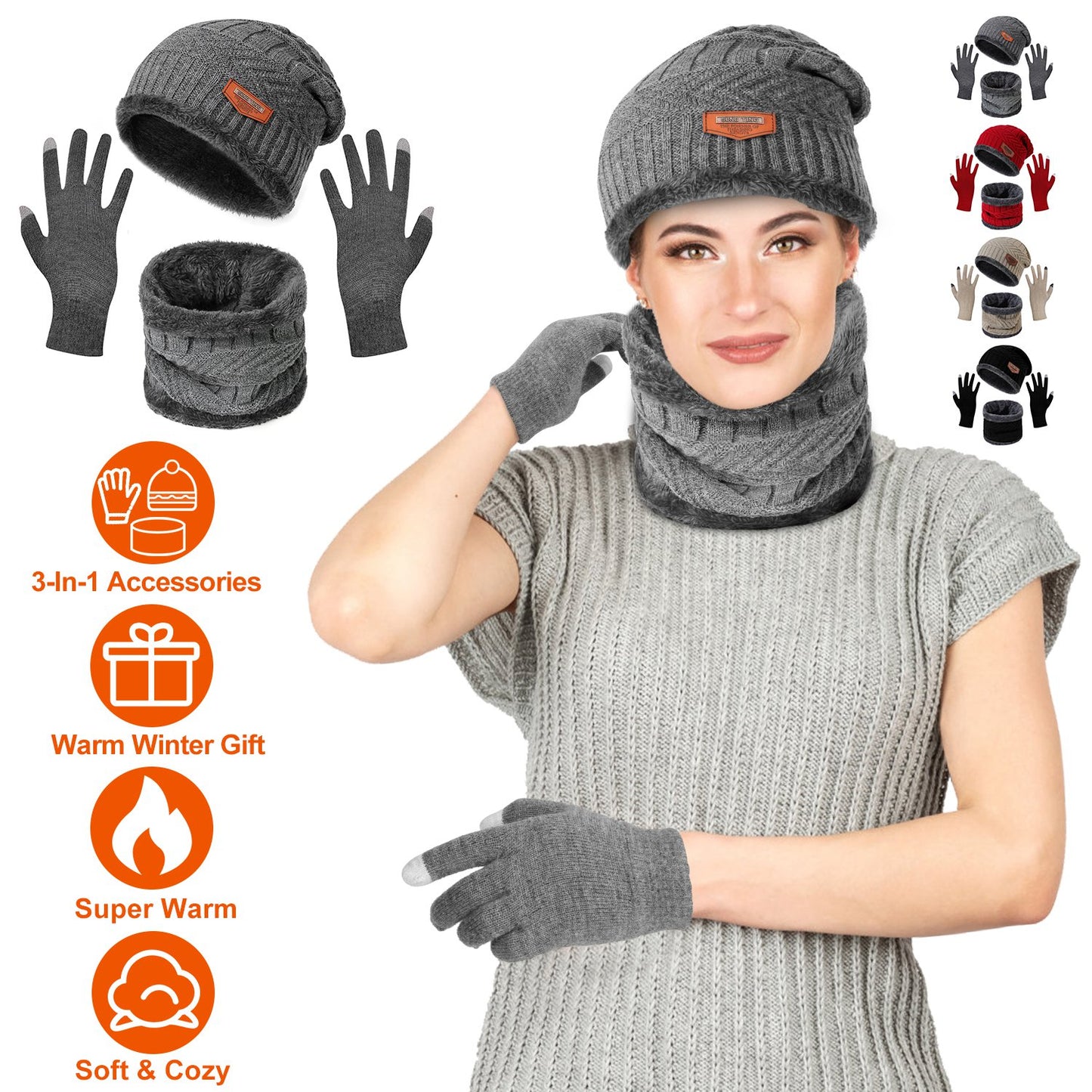 Winter Knitted Hat Scarf Gloves 3Pcs Winter Warm Beanie and Touch Screen Gloves Scarf Set Knit Beanie Skull Cap Neck Warmer Mittens for Men Women