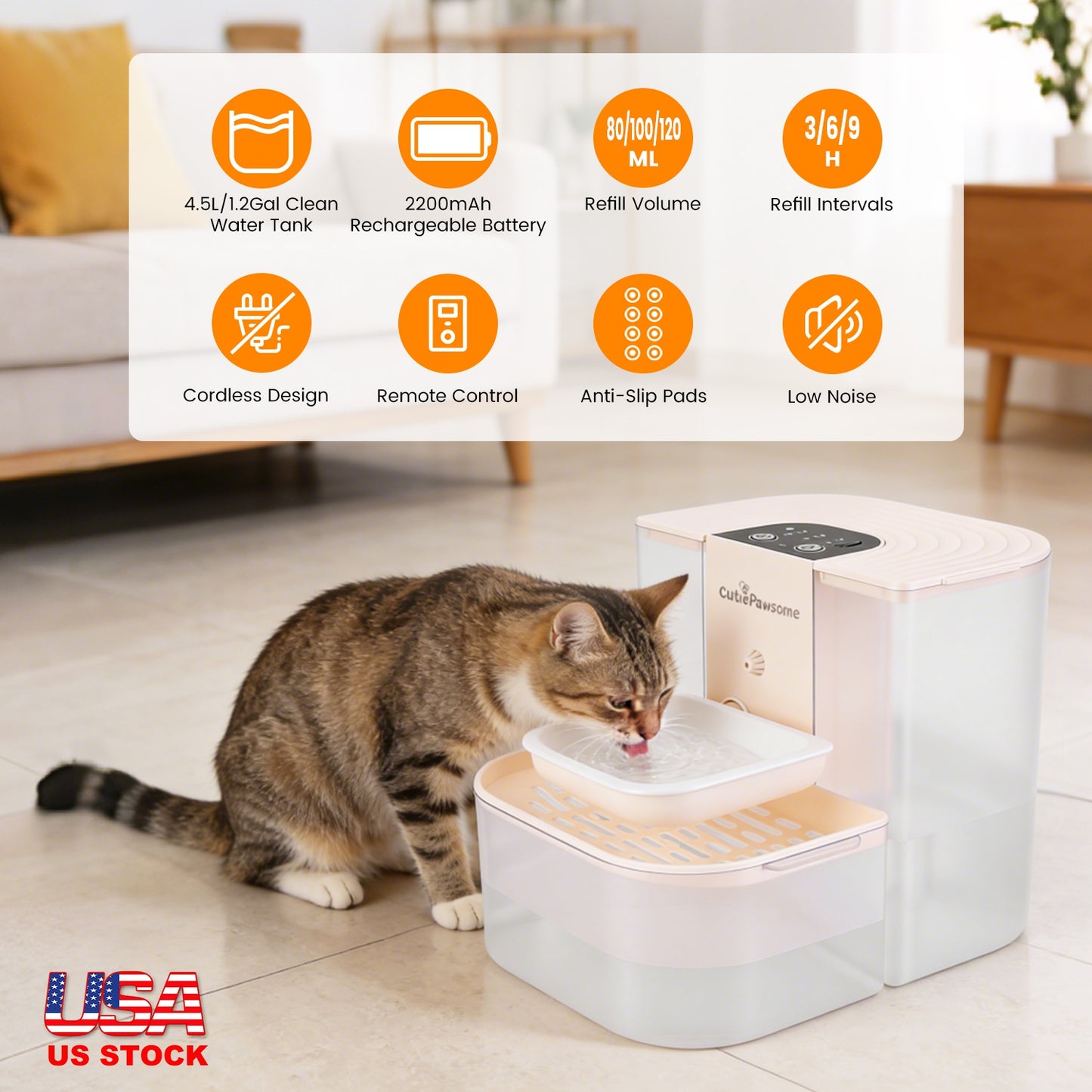 Automatic Pet Water Fountain 4.5L Cordless Rechargeable Dispenser