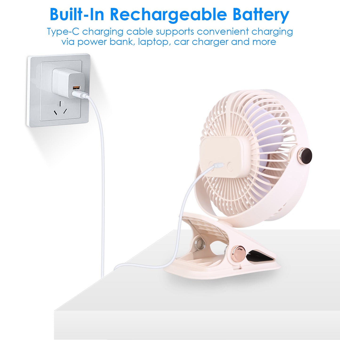 Clip-On Fan with 5 Speeds, LED Light & 720° Rotation