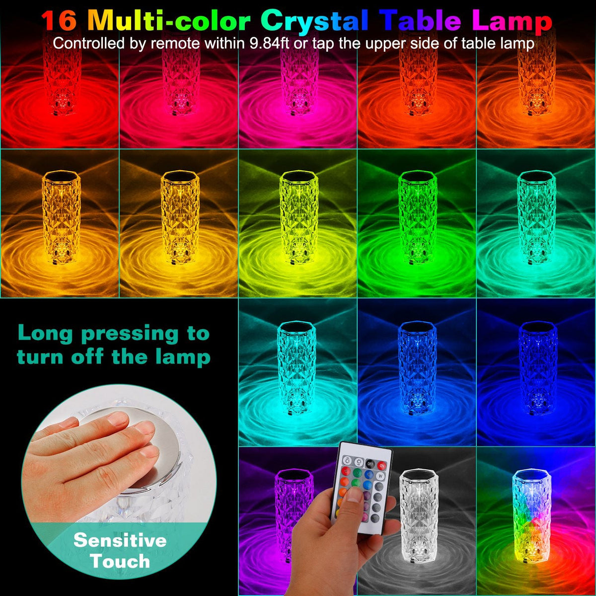Crystal Diamond Rose Table Lamp Dimmable Remote Touch Control Beside LED Night Light Rechargeable 16 Color Change Atmosphere Bar Lamp