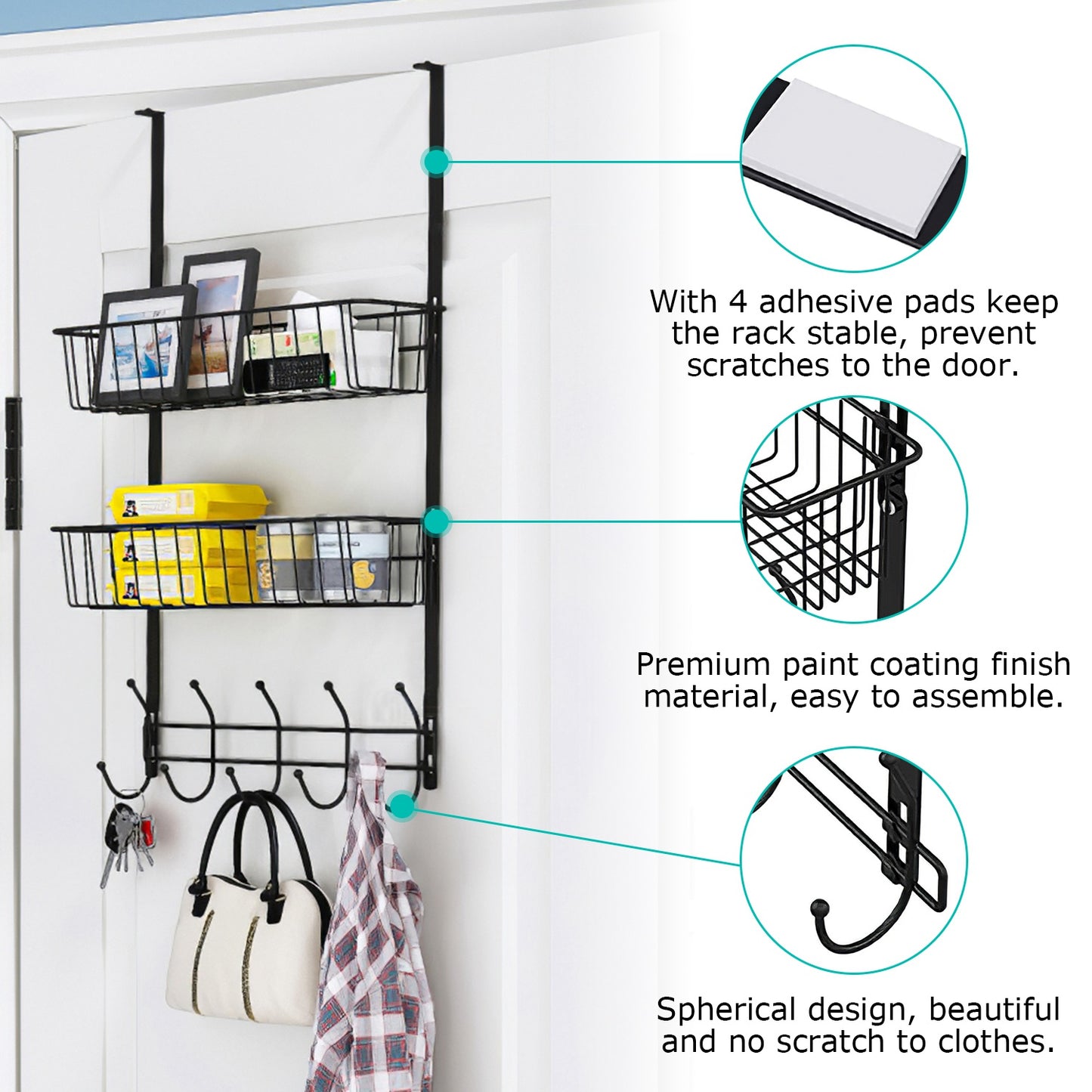 Over The Door Organizer with 5 Hooks and 2 Metal Baskets