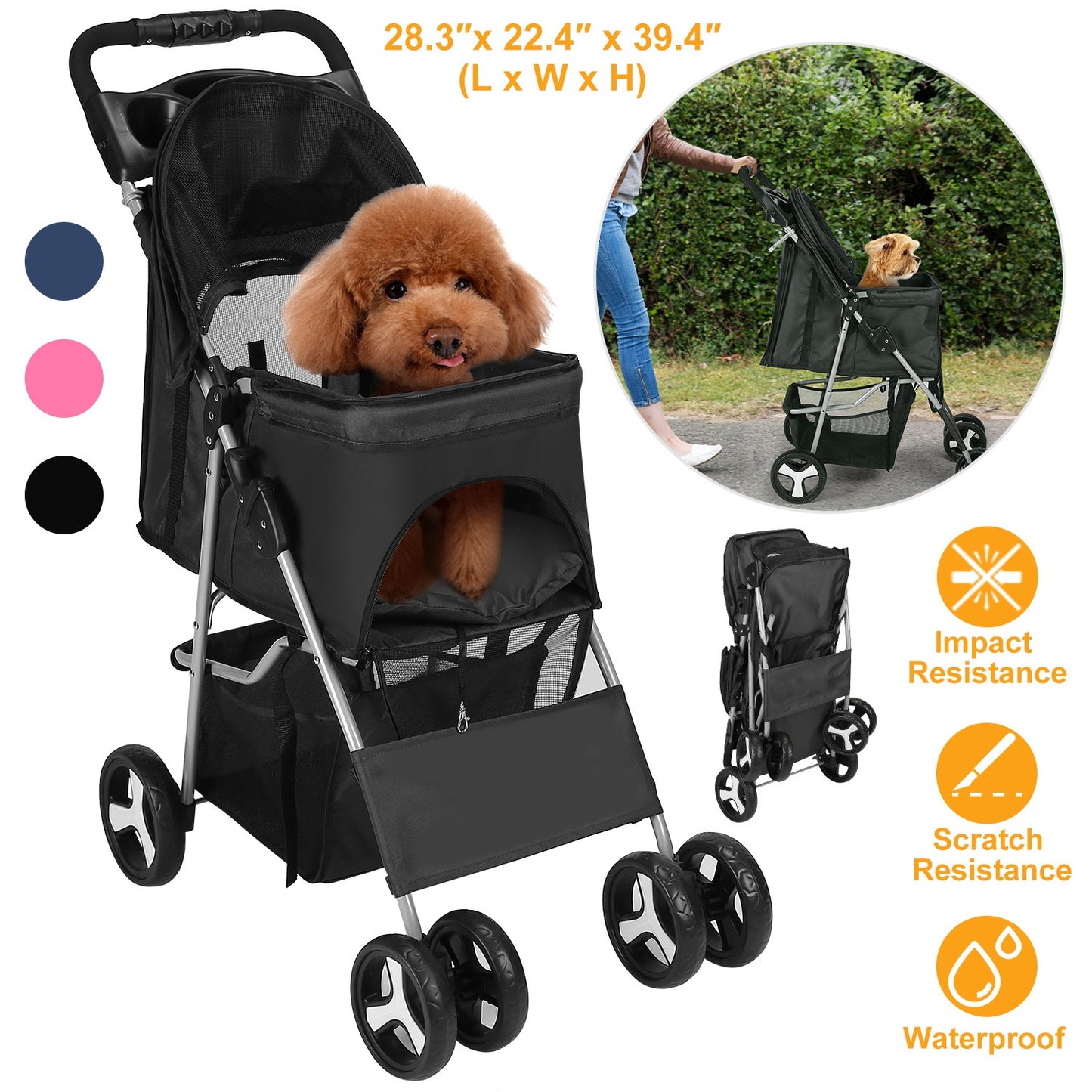 Pet Stroller with 4 Wheels - Foldable Carrier for Dogs & Cats