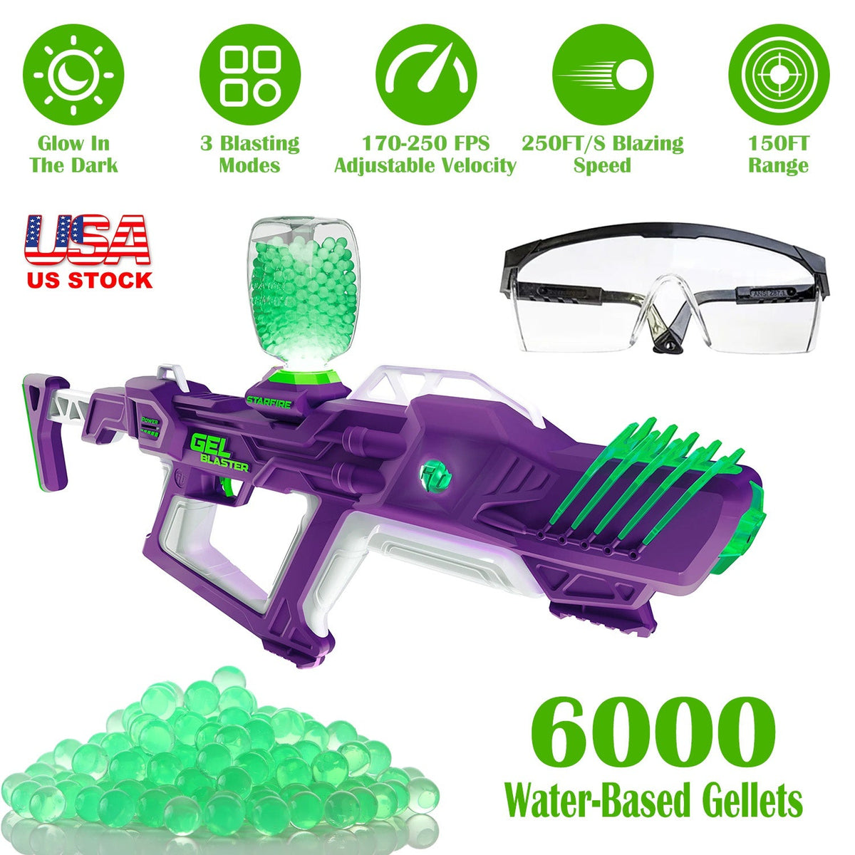 Gel Blaster Starfire XL Glow-in-The-Dark Blaster Toy Gun High Performance Splat Gun Toy with 6000 Gellets 170-250 FPS