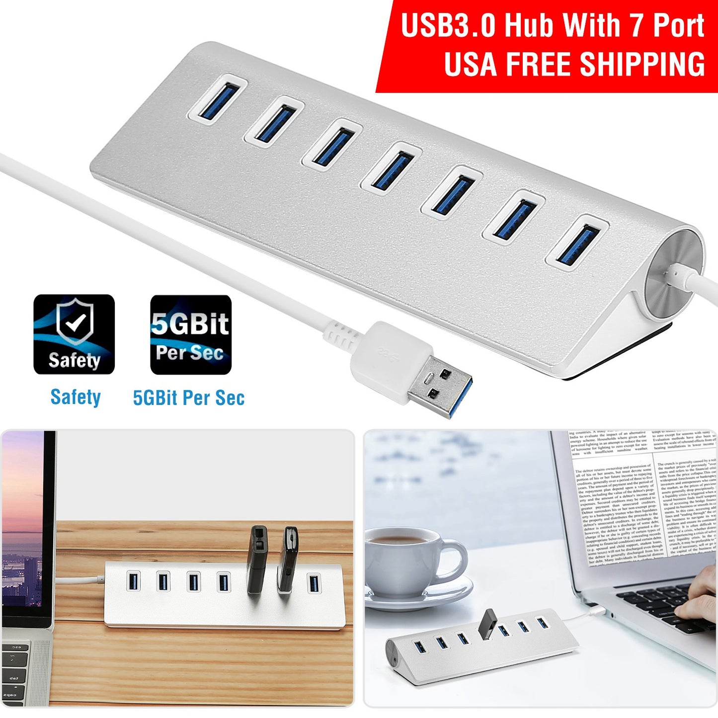7-Port USB 3.0 Hub with Aluminum Body and 1ft Cable