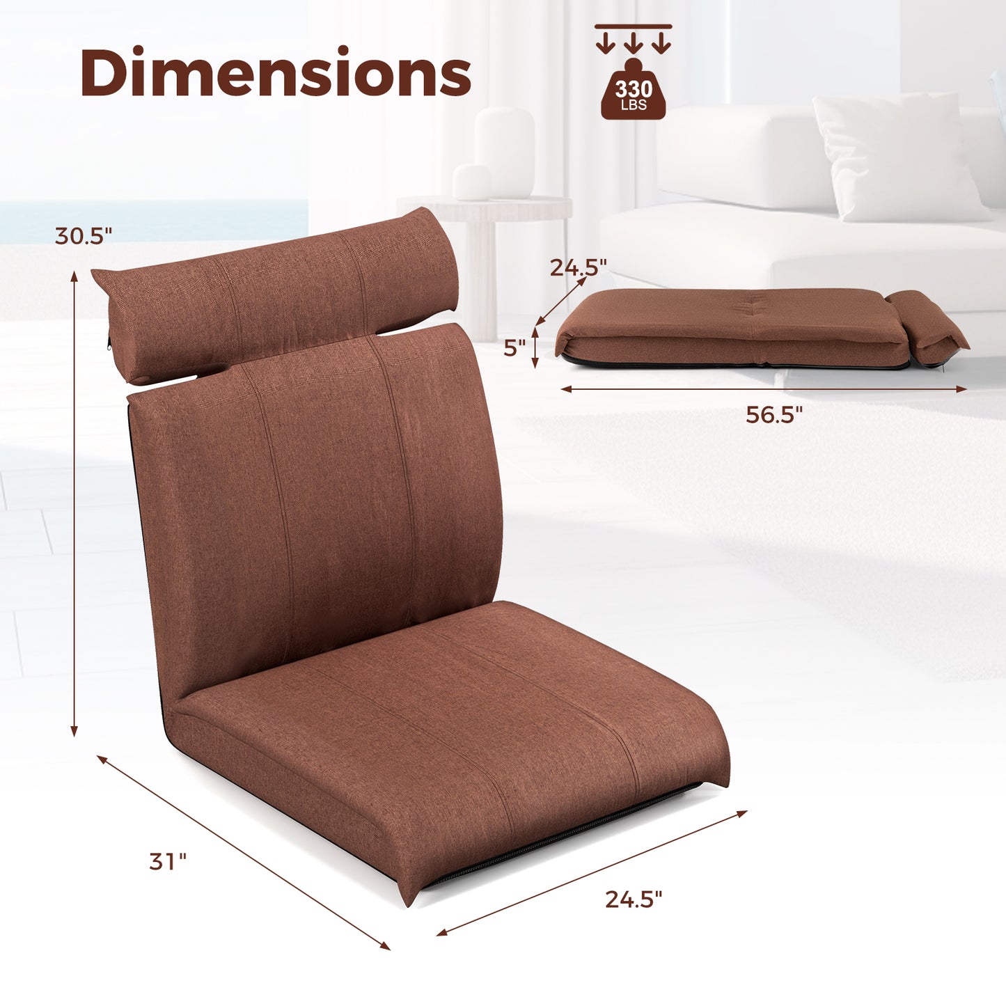 Adjustable Floor Chair with 14-Position Backrest - Brown