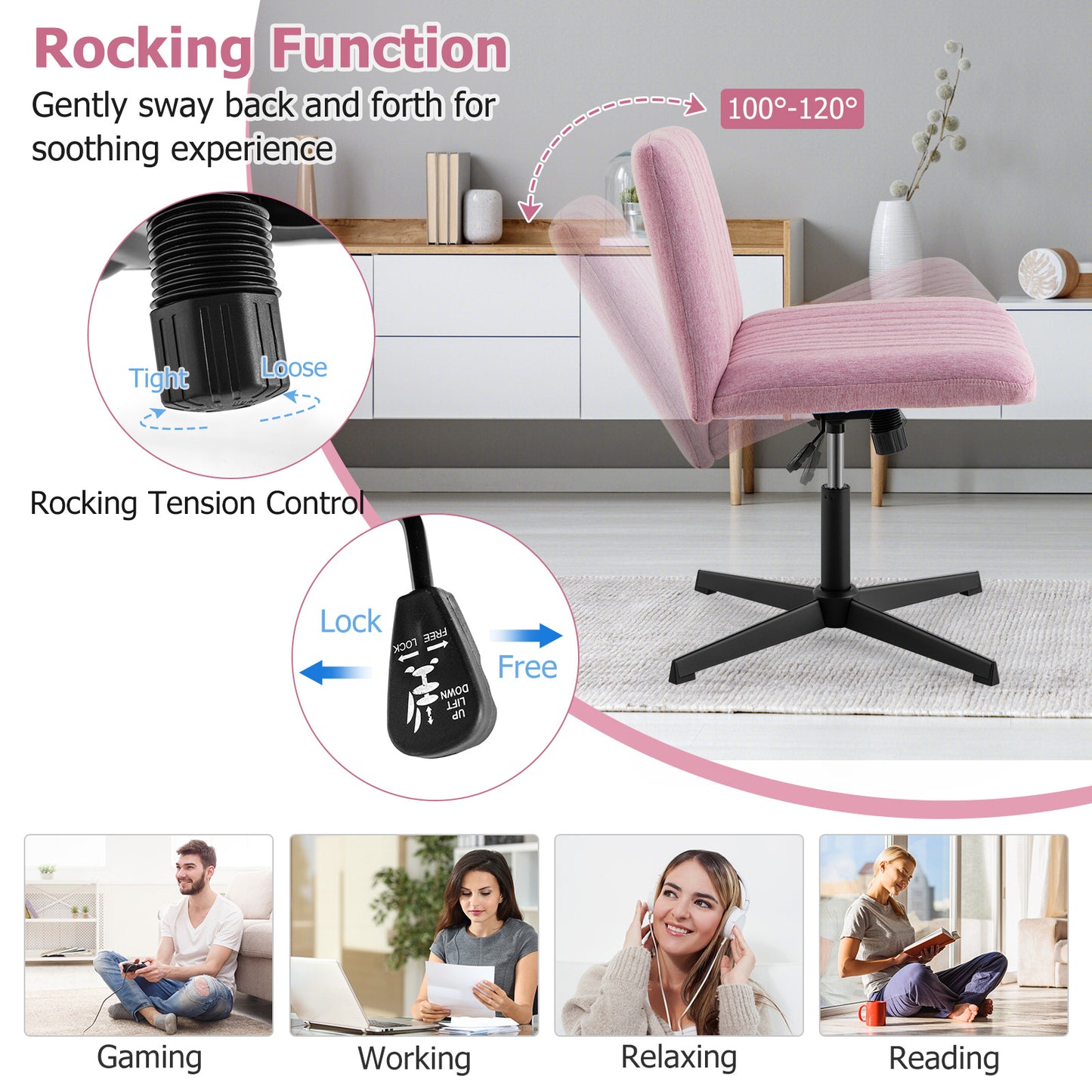 Armless Rocking Office Chair with Adjustable Height - Beige