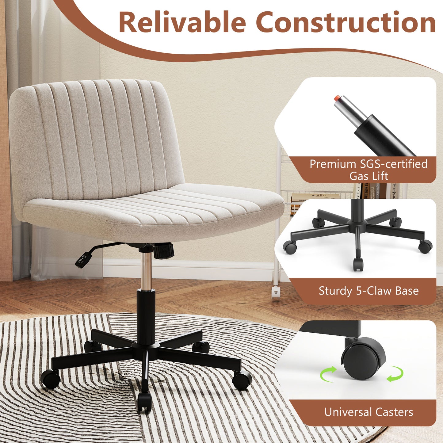 Cross-Legged Swivel Desk Chair with Wheels and Wide Seat