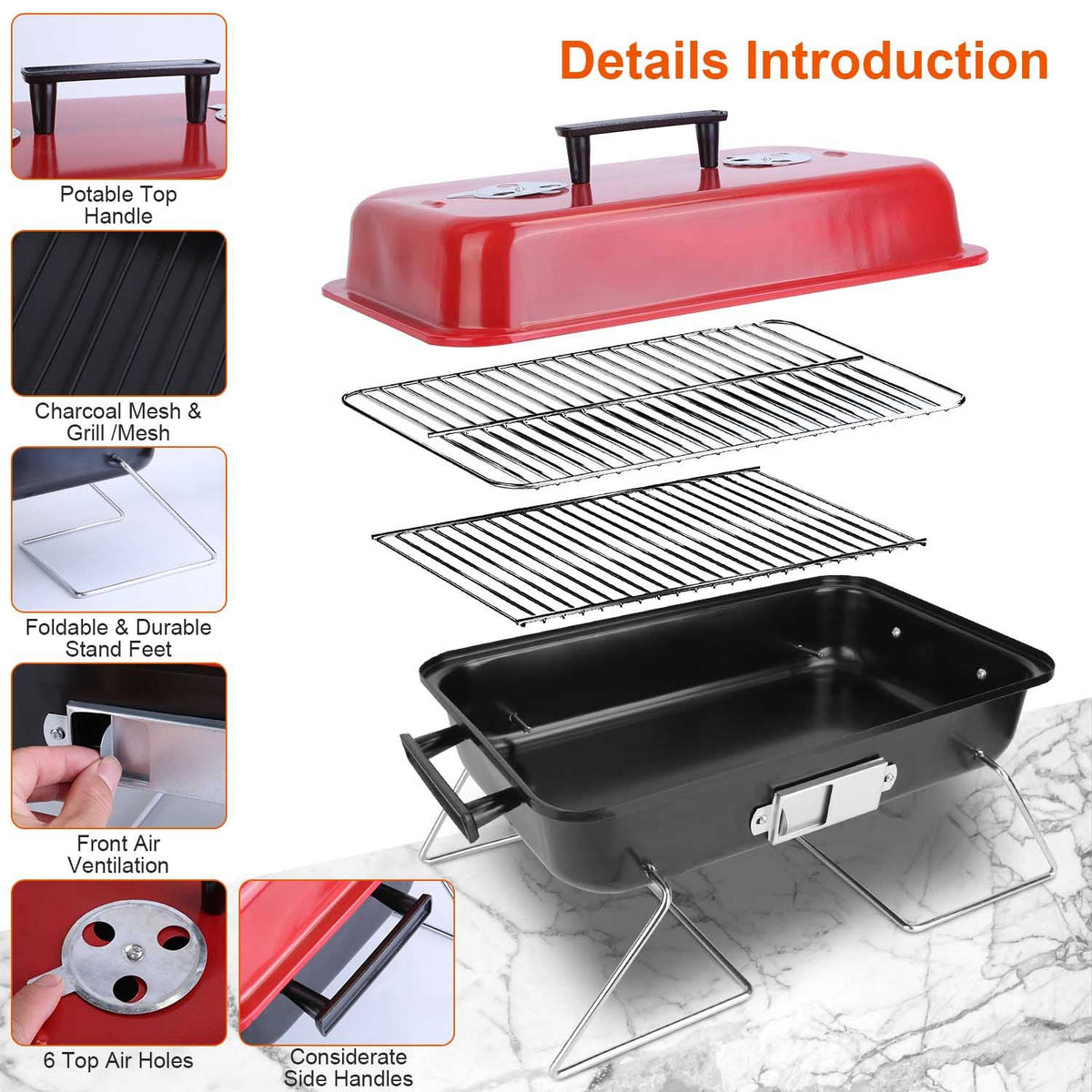 Portable Charcoal Grill OutdoorÊTabletop Grill Small Barbecue Smoker Folding BBQ Grill with Lid for Backyard Camping Picnics Beach